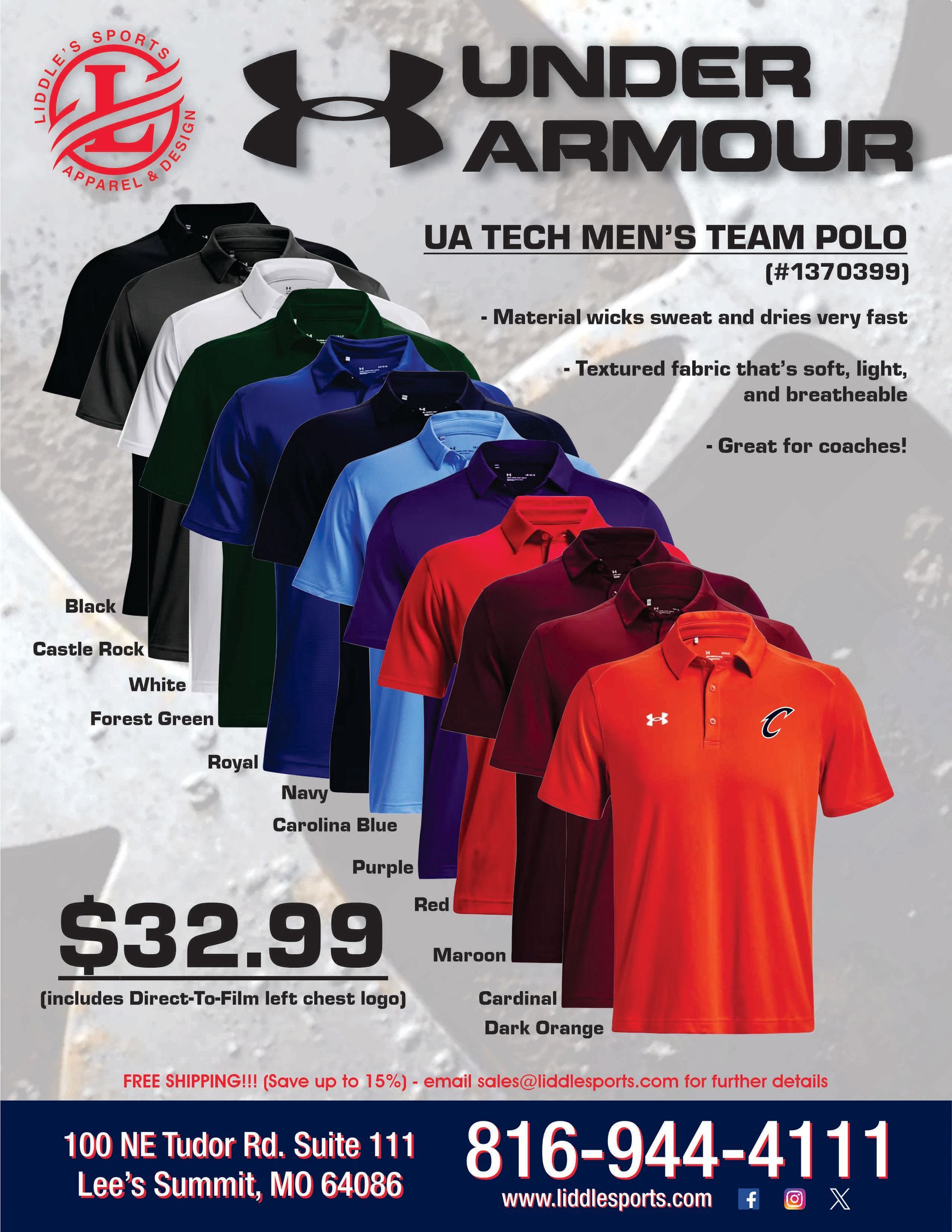Under Armour UA Tech men’s team polo ad with shirts in multiple colors and $32.99 price.
