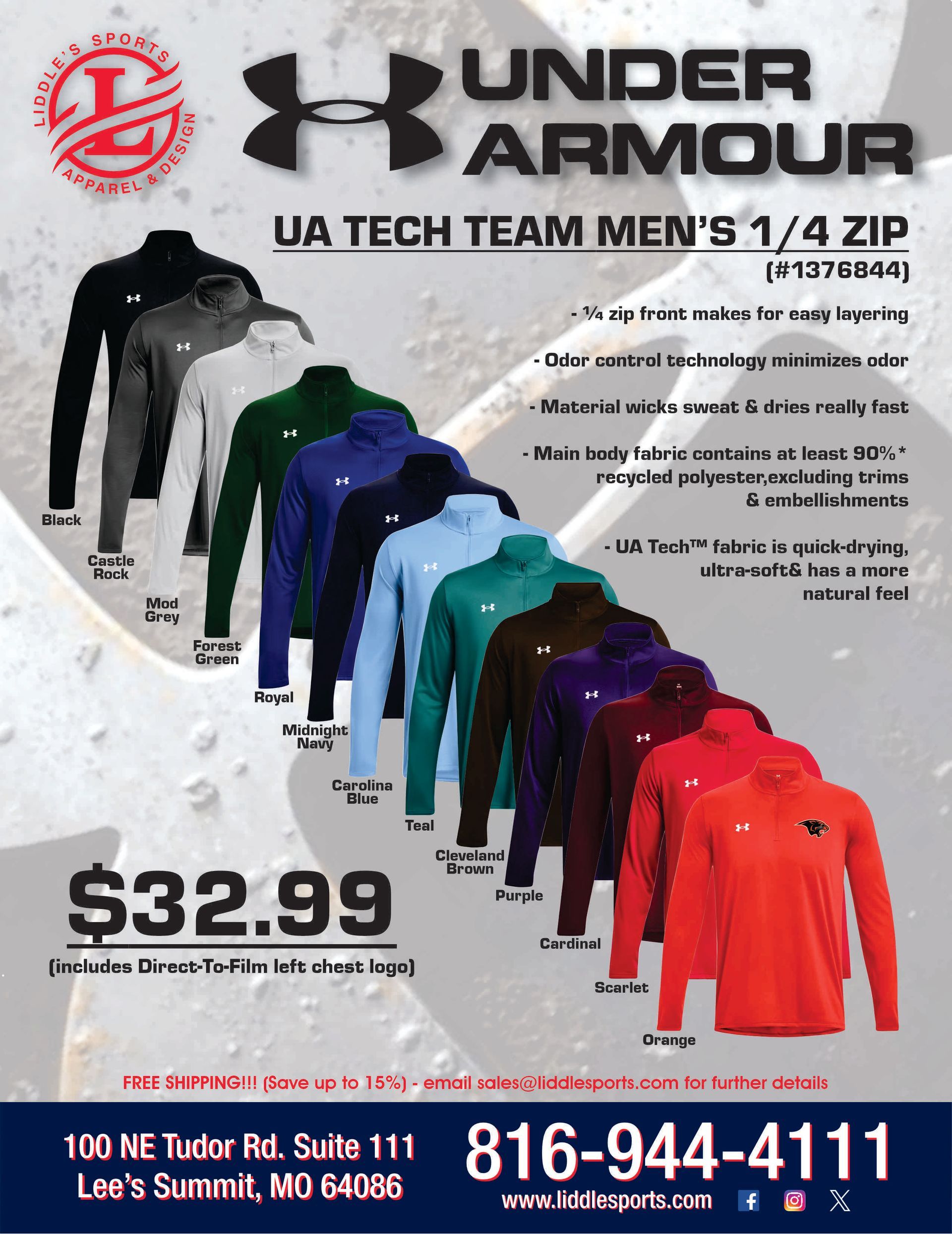 Under Armour men's quarter-zip jackets ad, multiple colors, $32.99, with store phone number and address