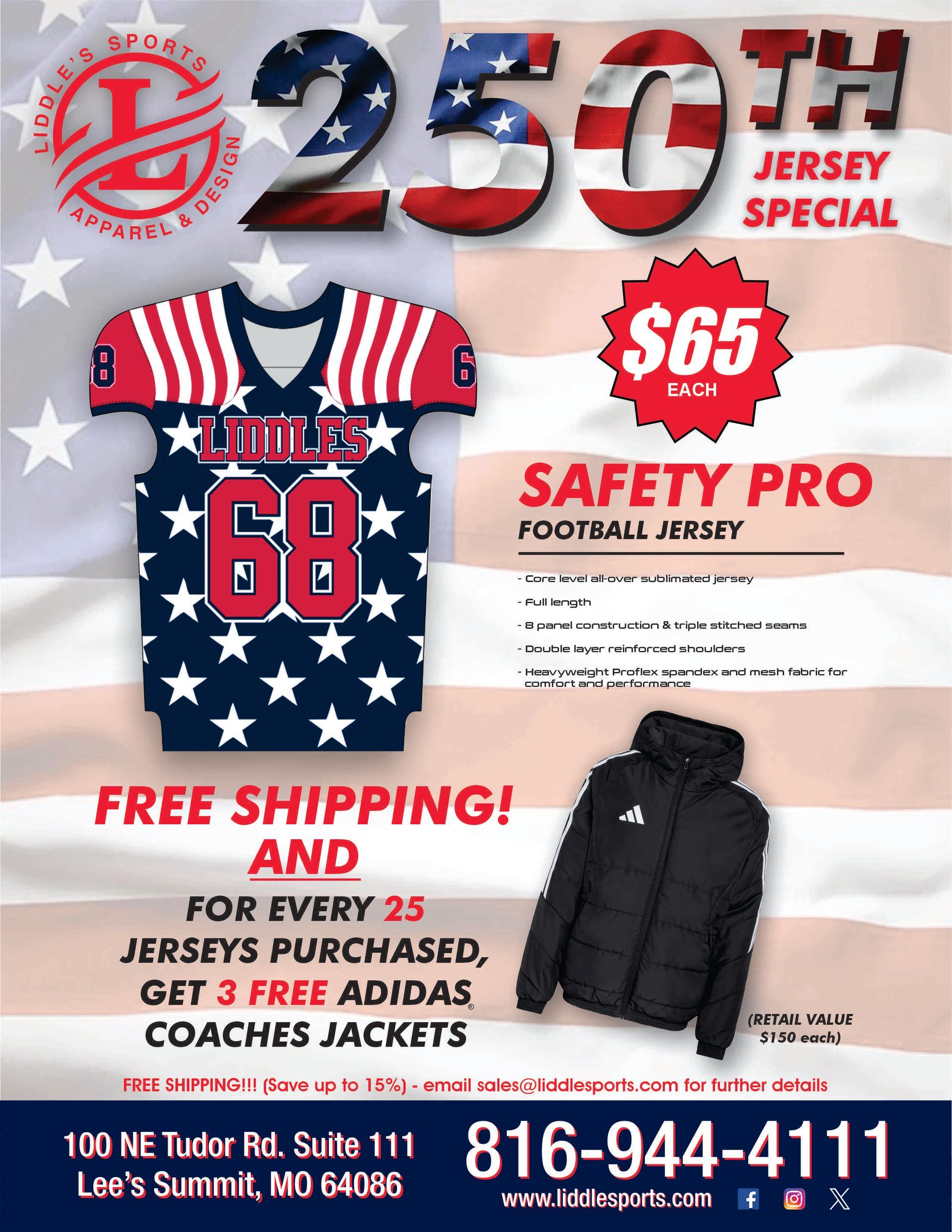 250th Jersey Special football jersey ad, red white and blue stars, free shipping and $65 price, get 3 free black coach jackets for every 25 jerseys purchased.