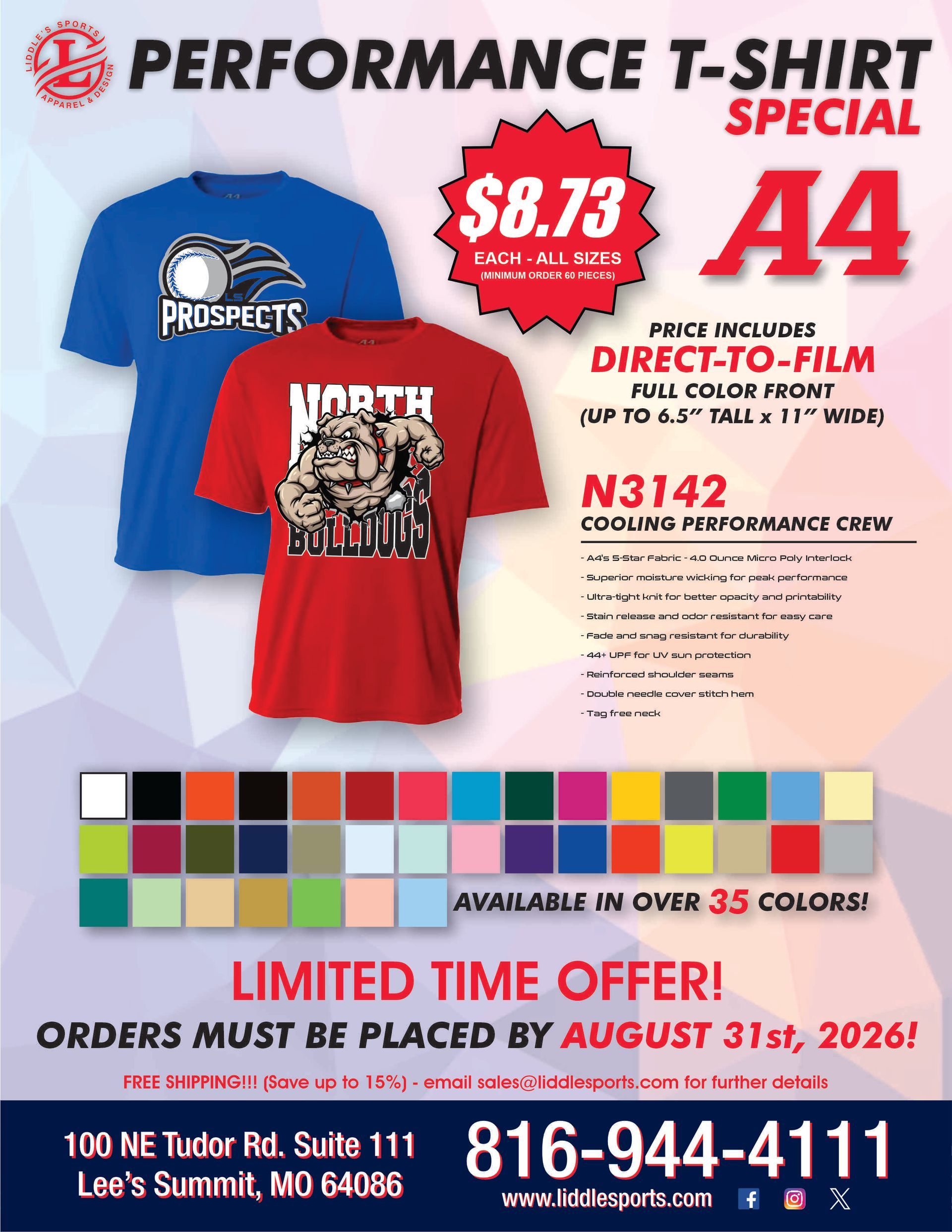 Performance T-shirt special flyer: red and blue shirts, $8.73 each, direct-to-film printing, color chart, and phone number.