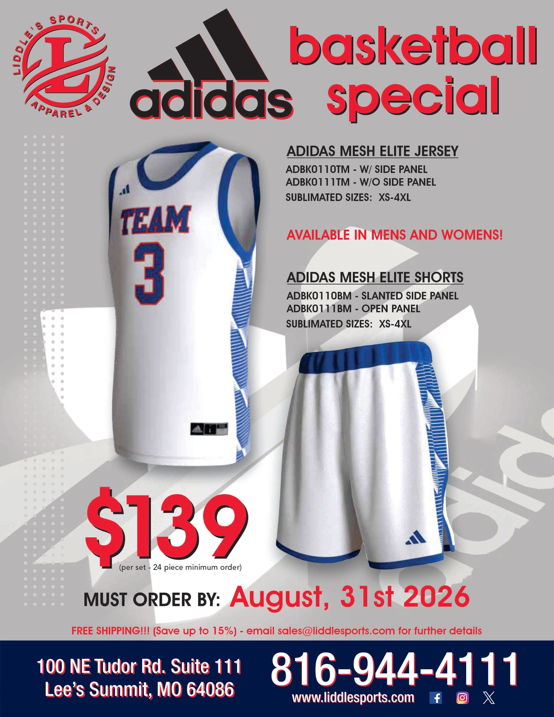 Adidas basketball special ad with white jersey, shorts, price $139, and phone number 816-944-4111