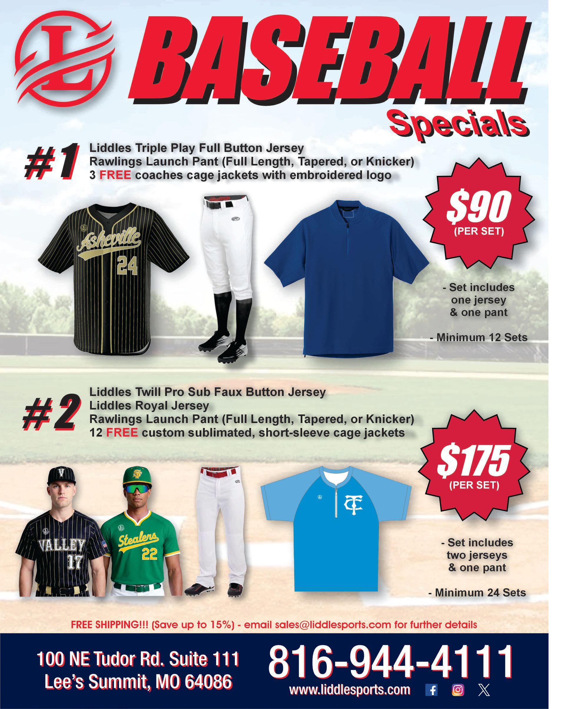 Baseball specials flyer with team uniforms, jerseys, pants, caps, and prices for #1 and #2 packages.
