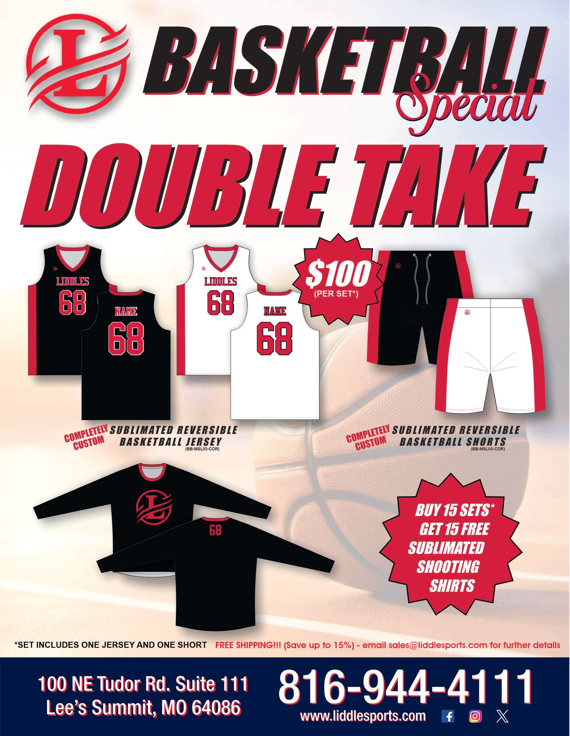 Basketball special ad with jerseys and shorts. Offer: $100 off, expires 7/1/25. Location: Lee's Summit, MO.