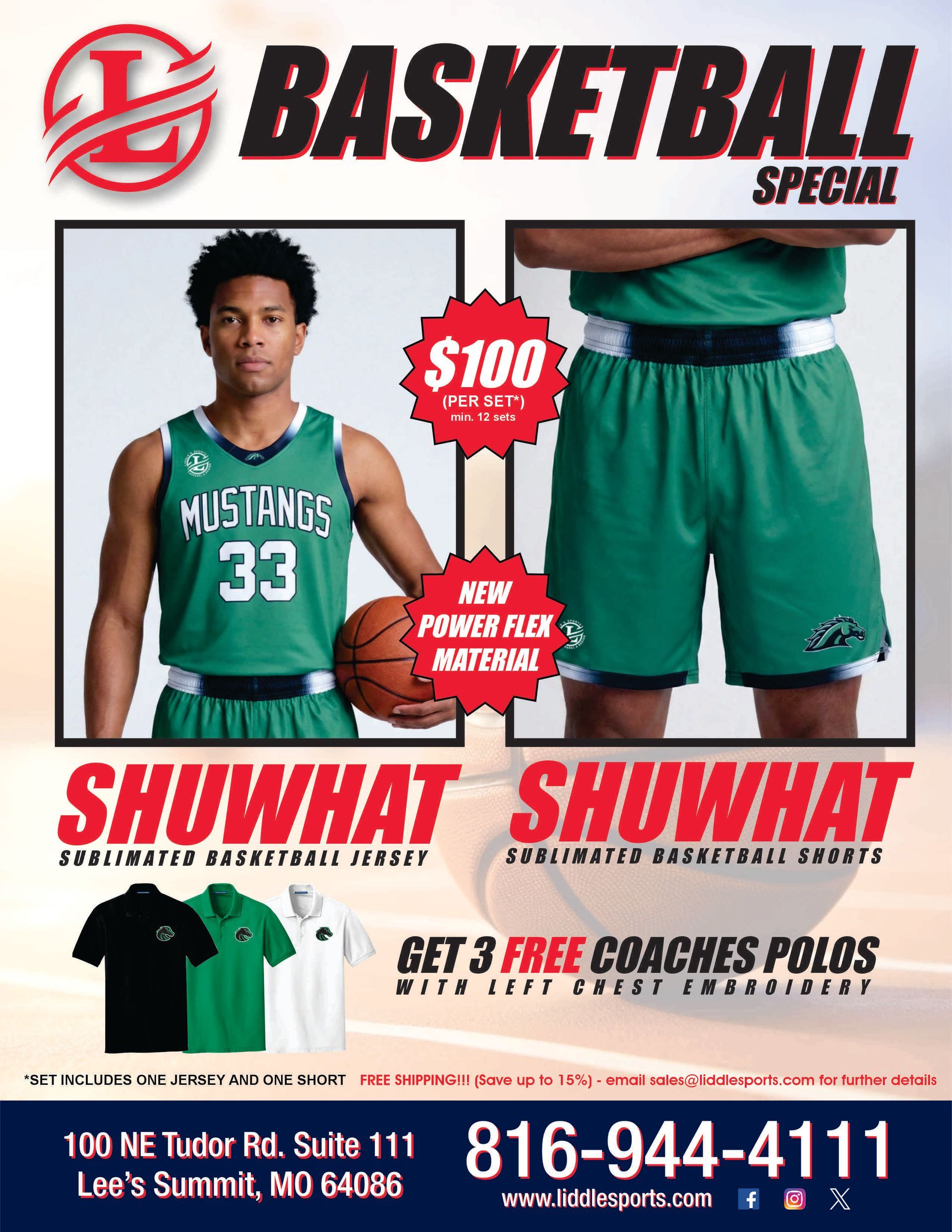 Basketball uniform ad showing green jerseys, shorts, and a boy model with price and phone number