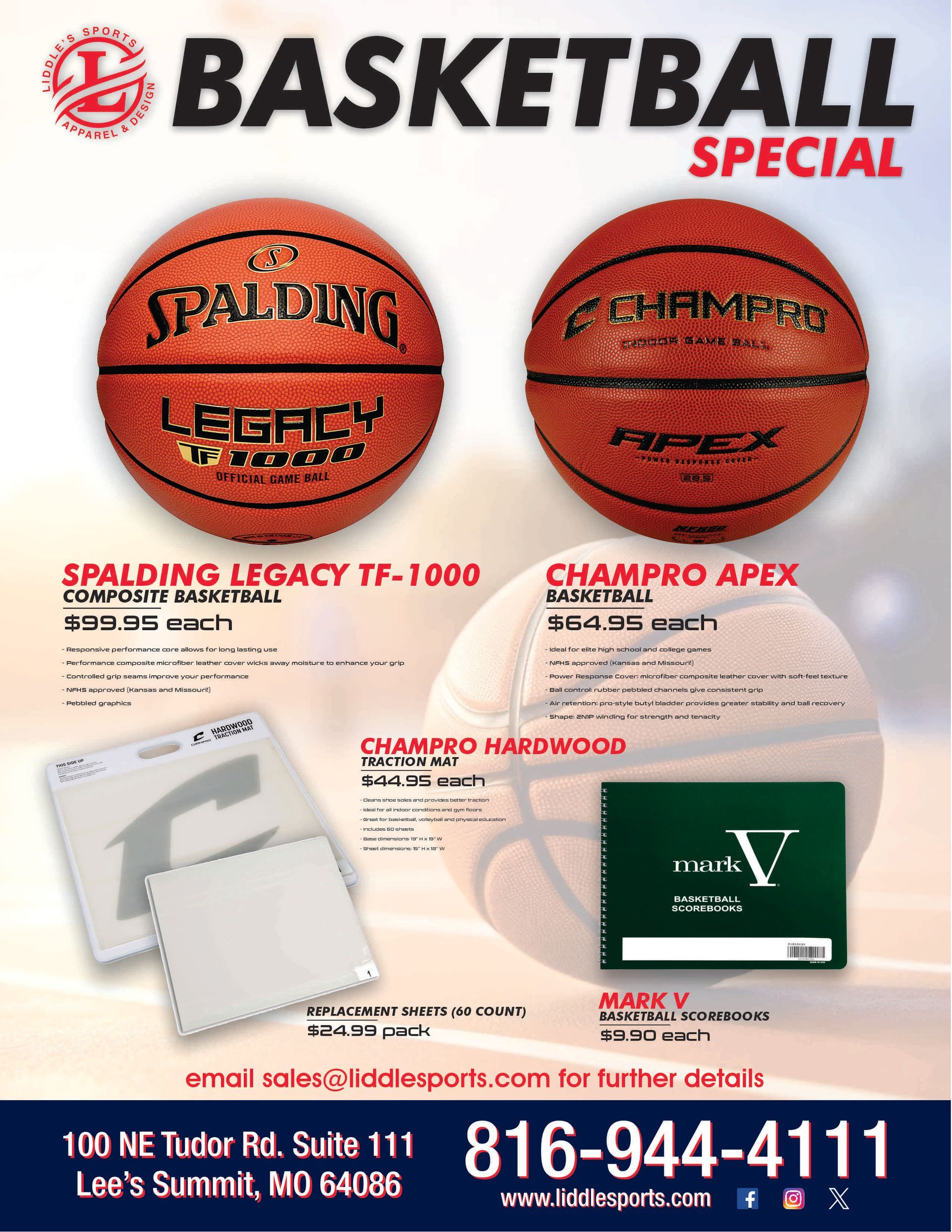 Basketball special ad showing two Spalding balls, nets, and a scoreboard with phone number.