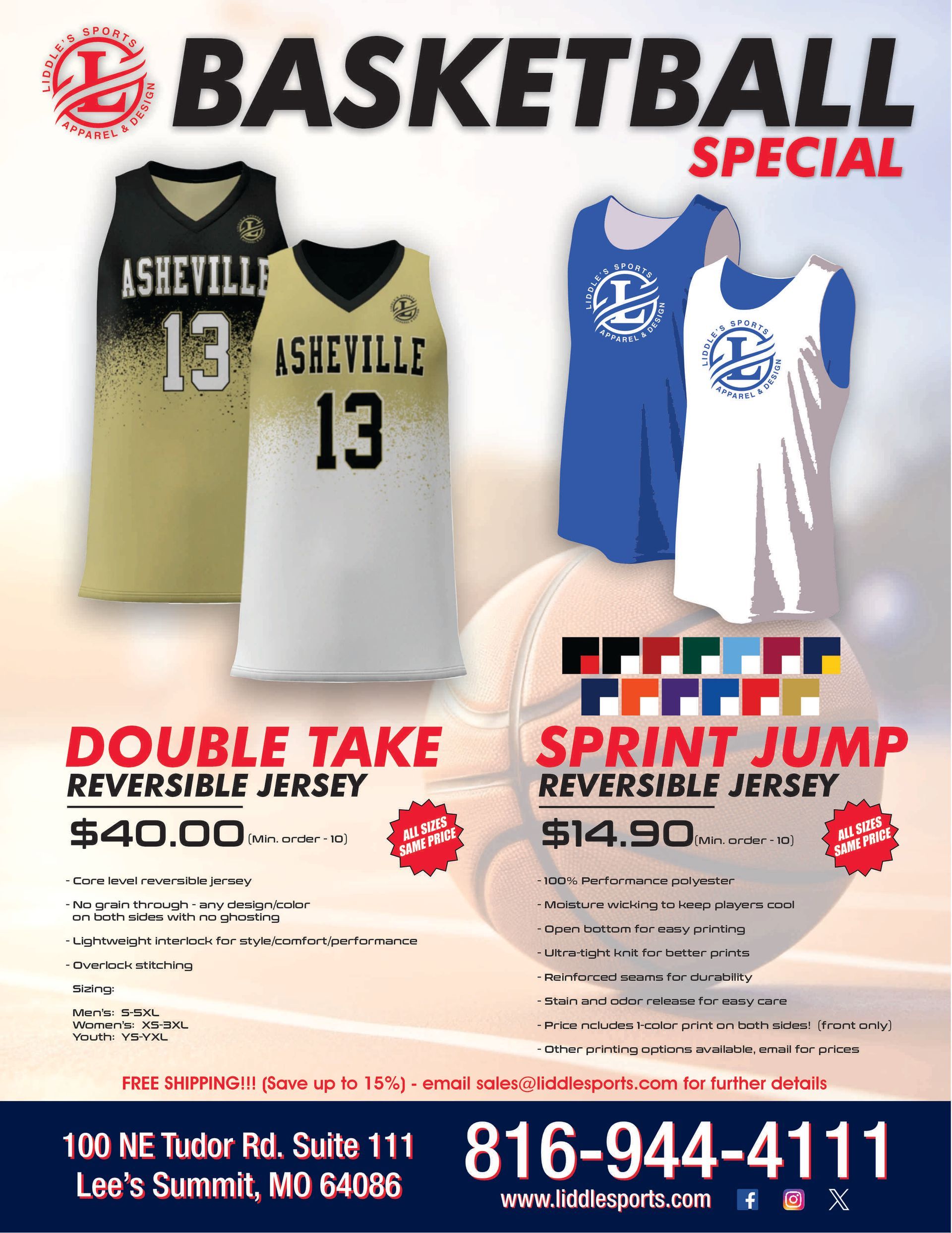 Basketball special ad for reversible jerseys with pricing and contact info