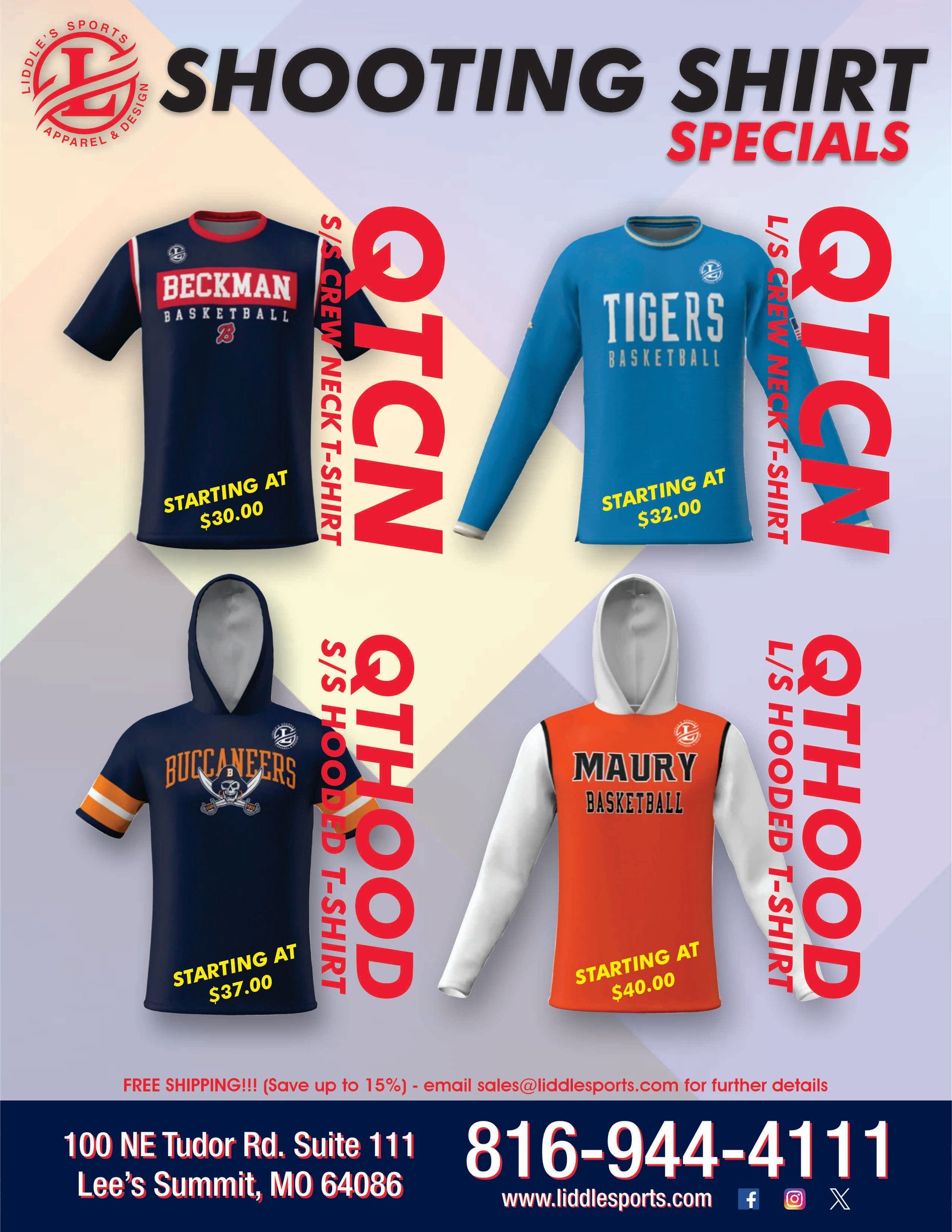 Flyer for custom shooting shirts, showing four team shirt designs and contact information.