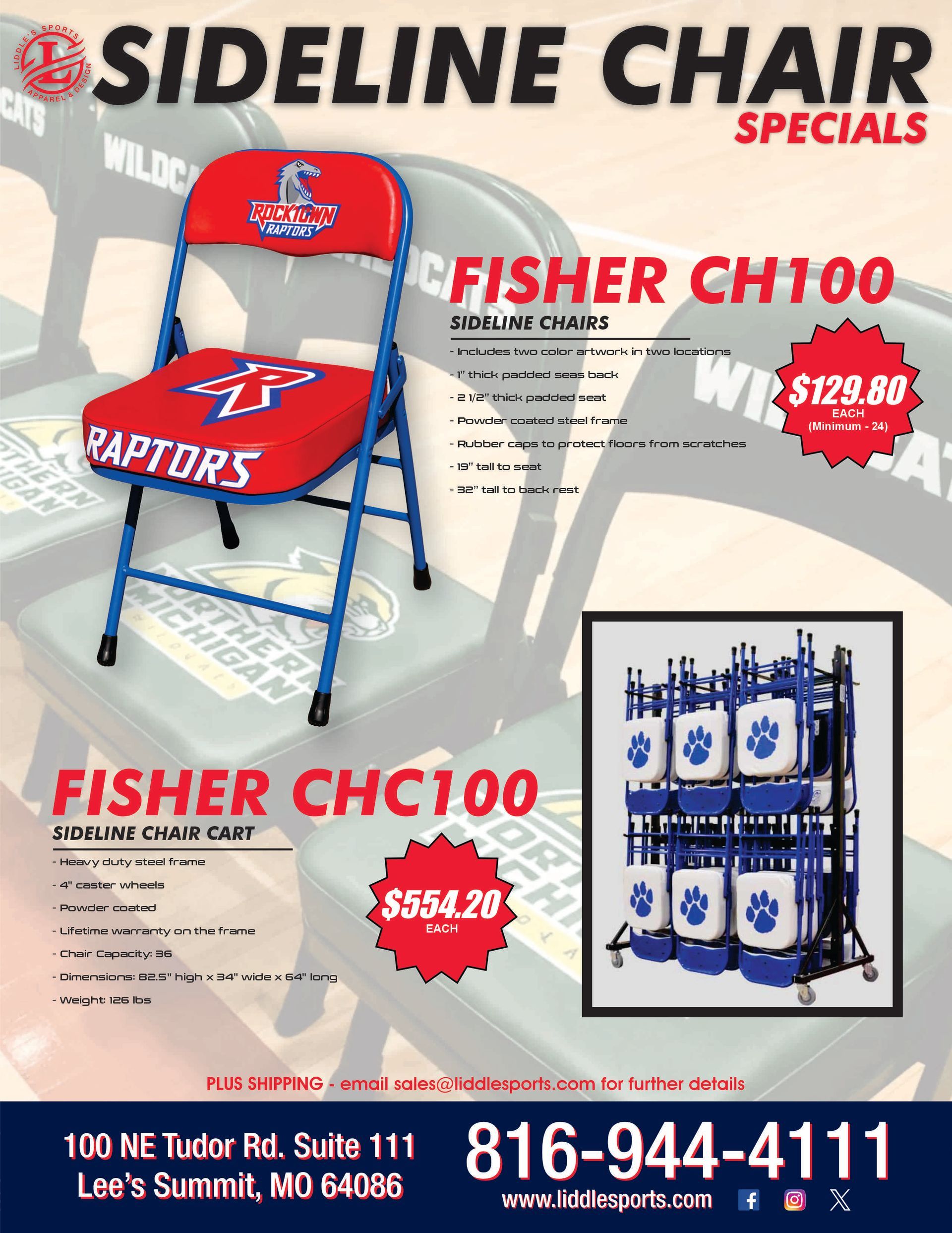 Sideline Chair Specials ad showing blue-and-red folding sports chairs and prices