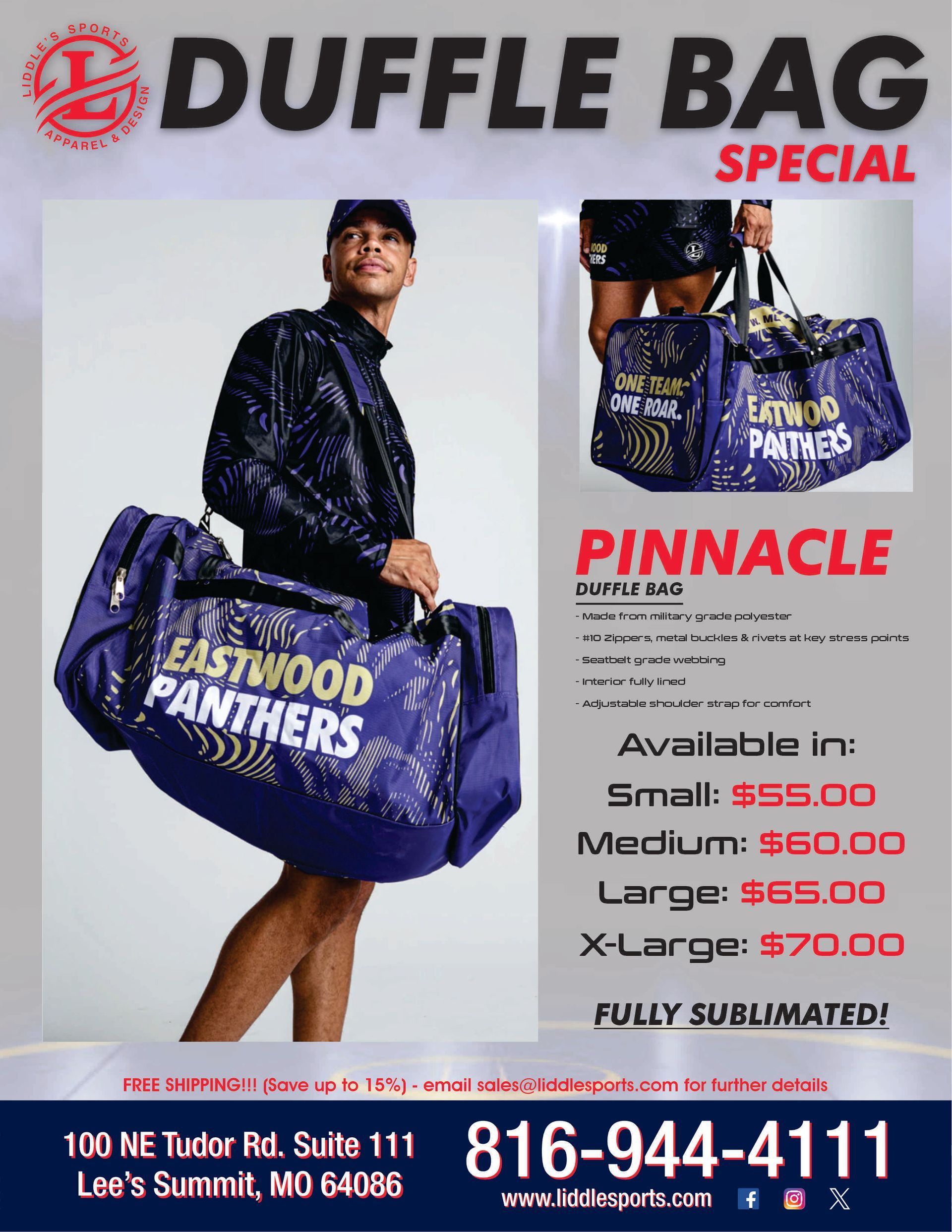 Duffel bag ad with navy bag, model, and price list for small to x-large sizes