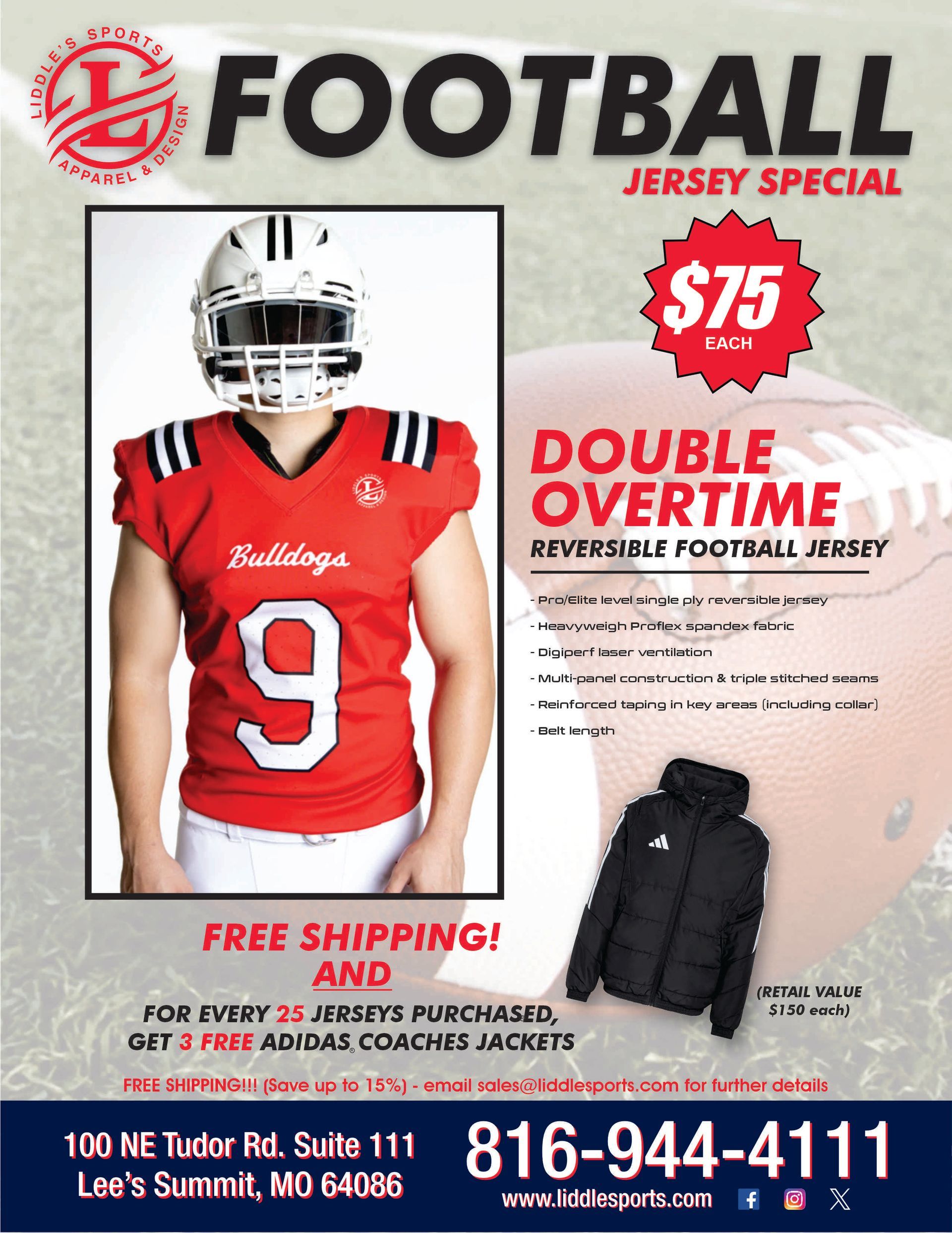 Football jersey special ad: red “Double Overtime” jersey, $75 sale, free shipping, and 2 coaches jackets with every 25 jerseys sold