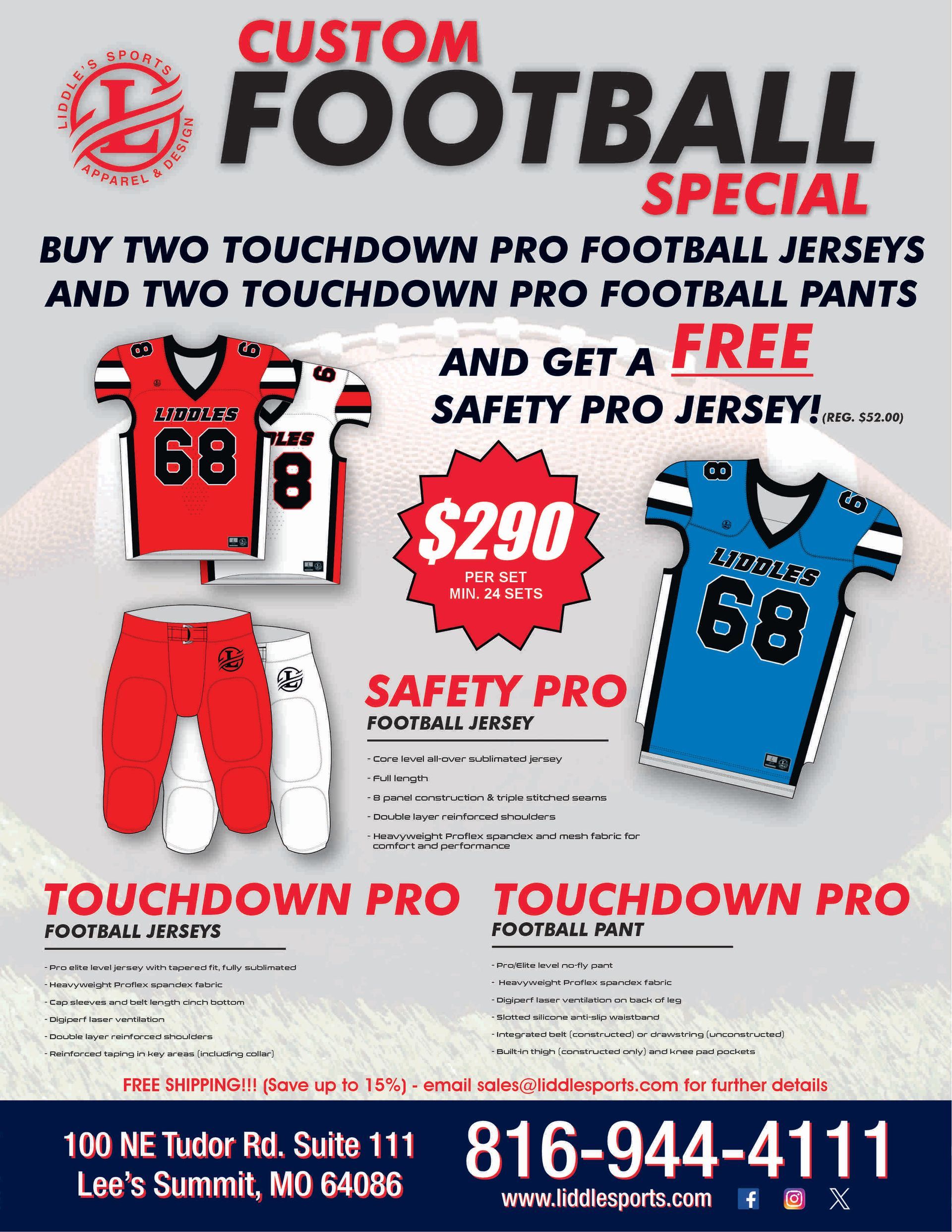 Football promo ad for custom jerseys and pants, buy two jerseys and two pants, get  a free safety pro jersey offer.