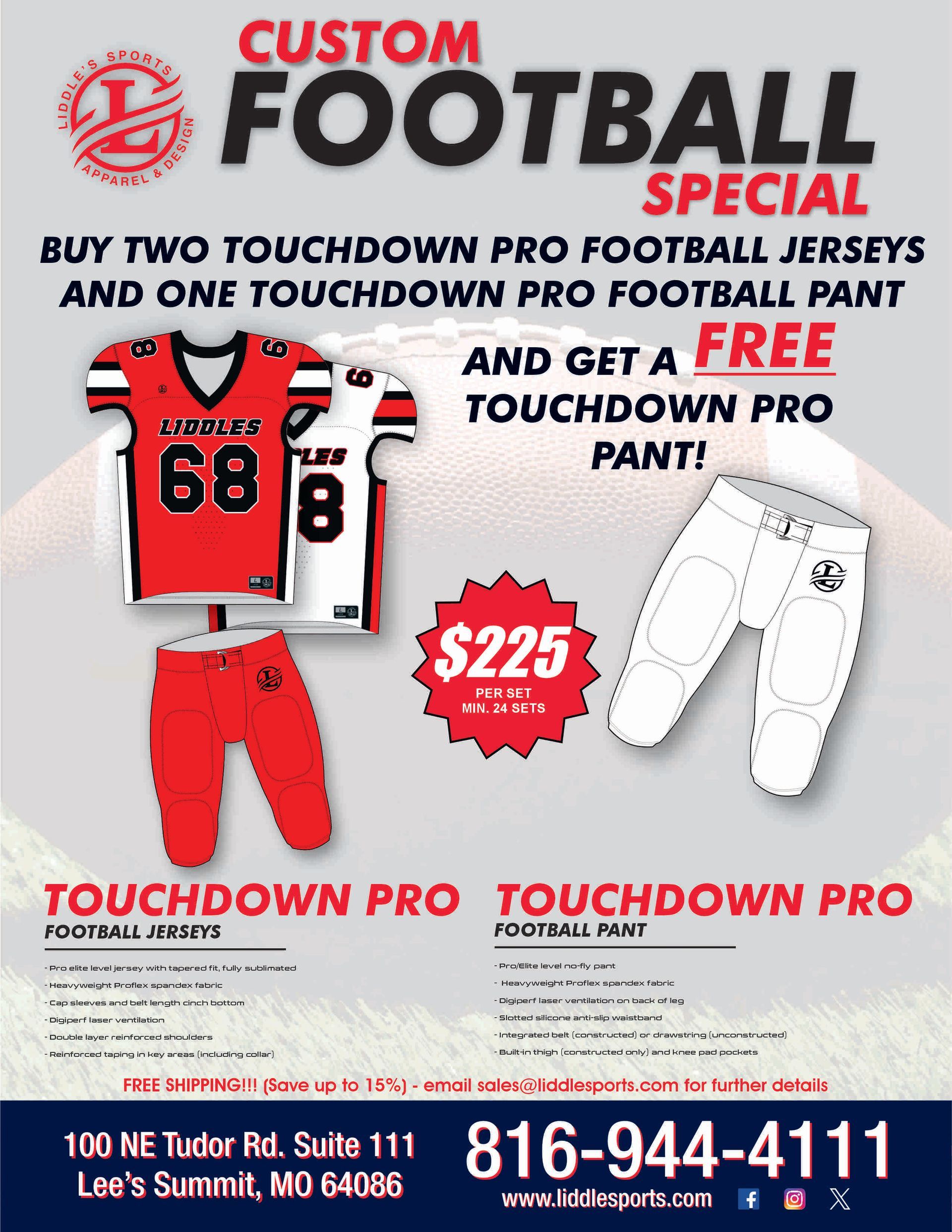 Custom Football Special ad for two pro jerseys for $225, with free touchdown pro pants deal.