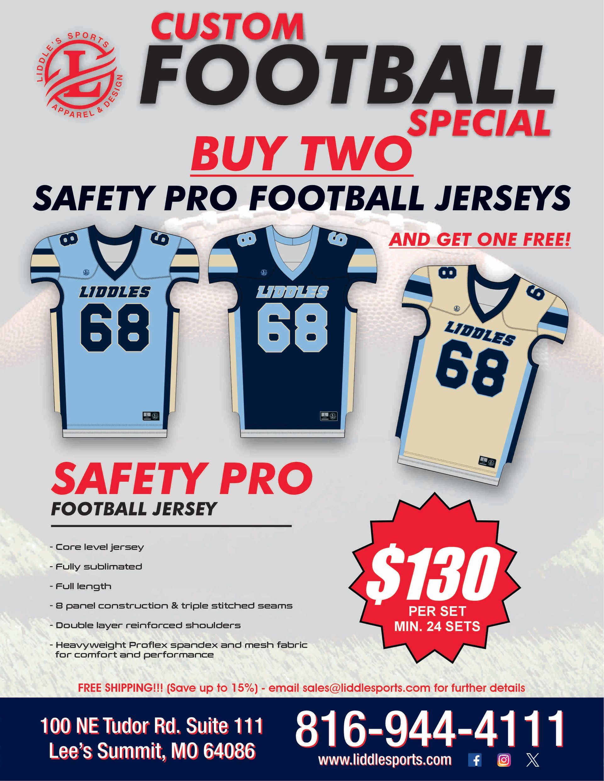 Custom football flyer advertising buy-two special on safety pro jerseys, get one free, $130 per pair.