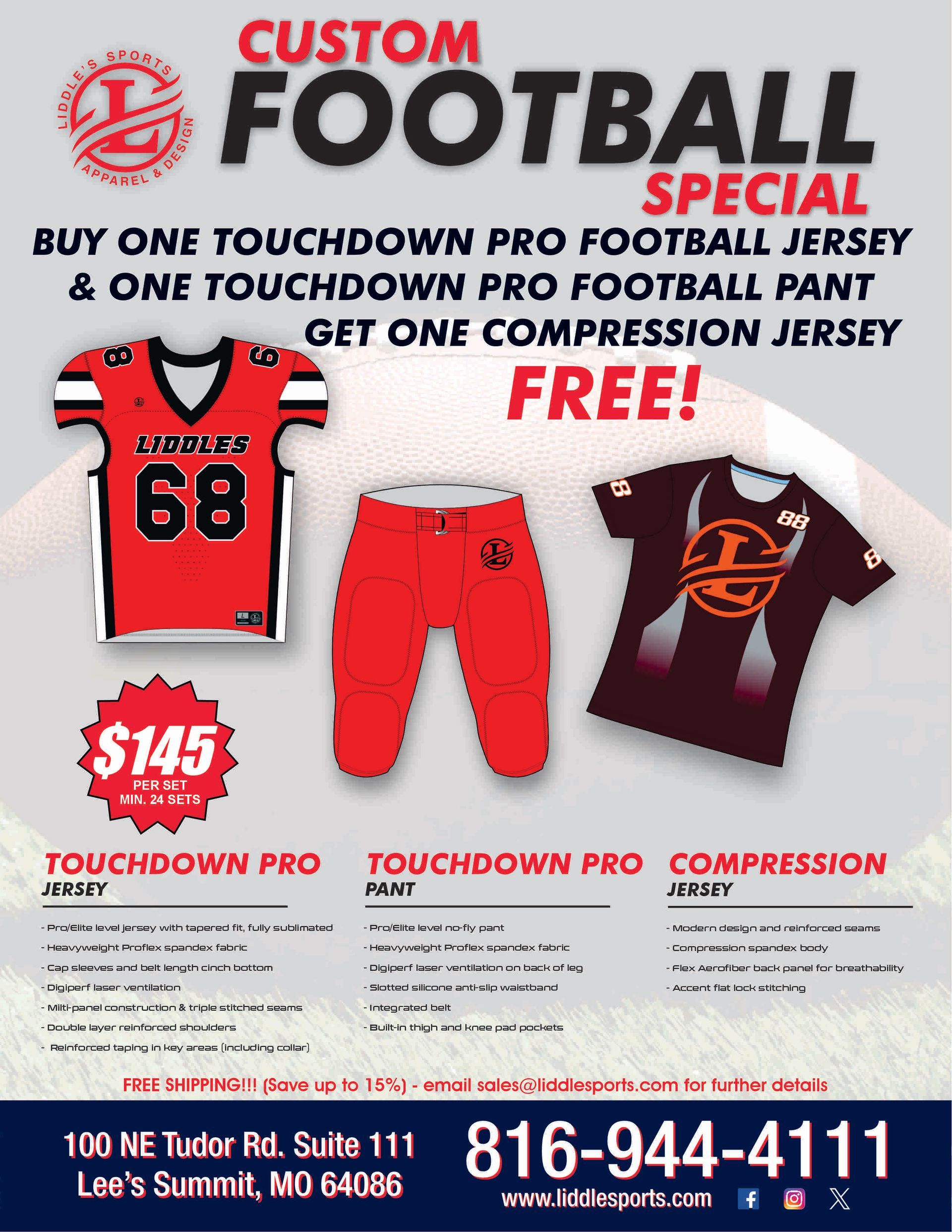 Custom football special ad: buy a football jersey and pants, get a compression jersey free.