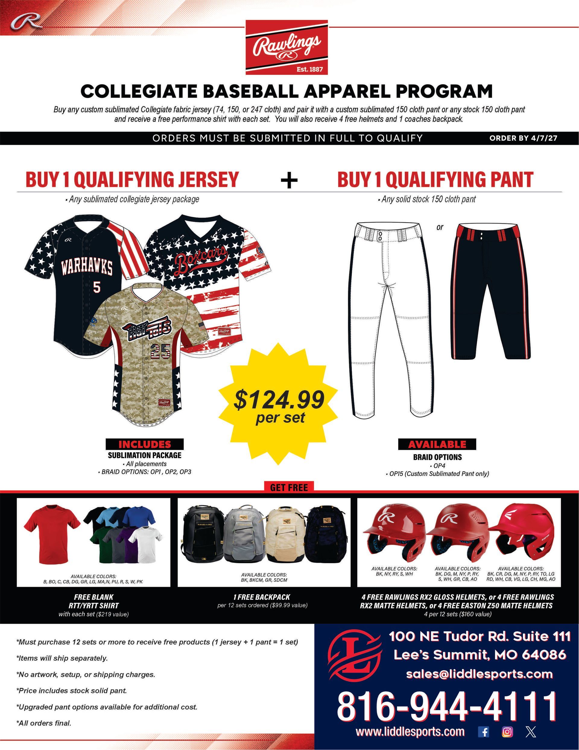 Collegiate baseball apparel promo with jerseys, pants, caps, price and phone number
