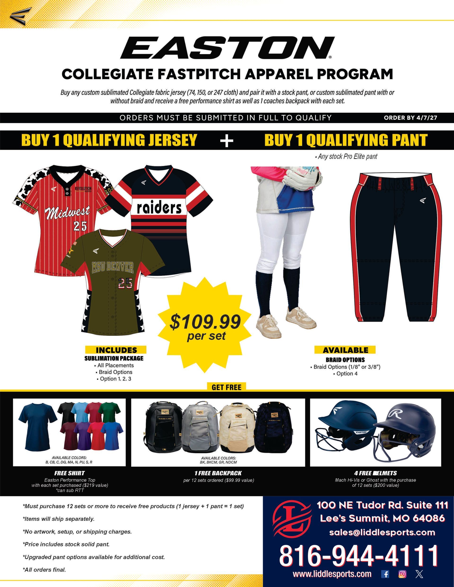 Easton collegiate fan gear flyer with jerseys, pants, helmets and prices.