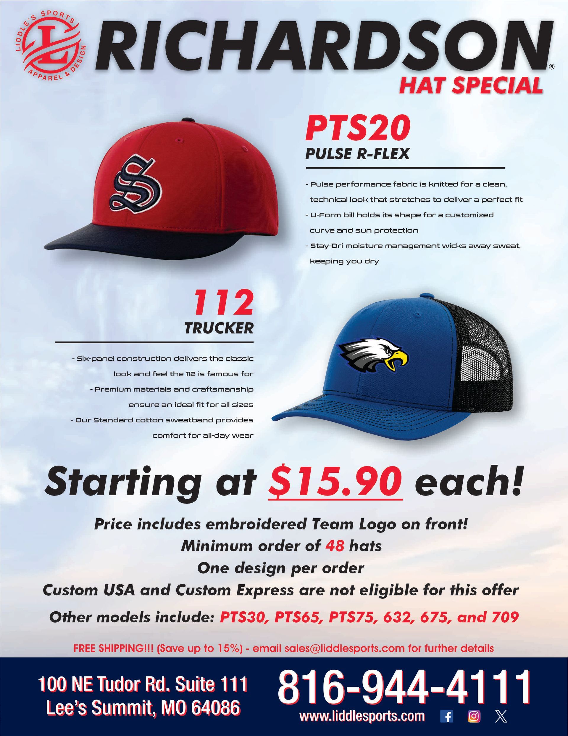 Richardson hat sale flyer with red and blue custom caps, starting at $15.90 each, minimum 48.