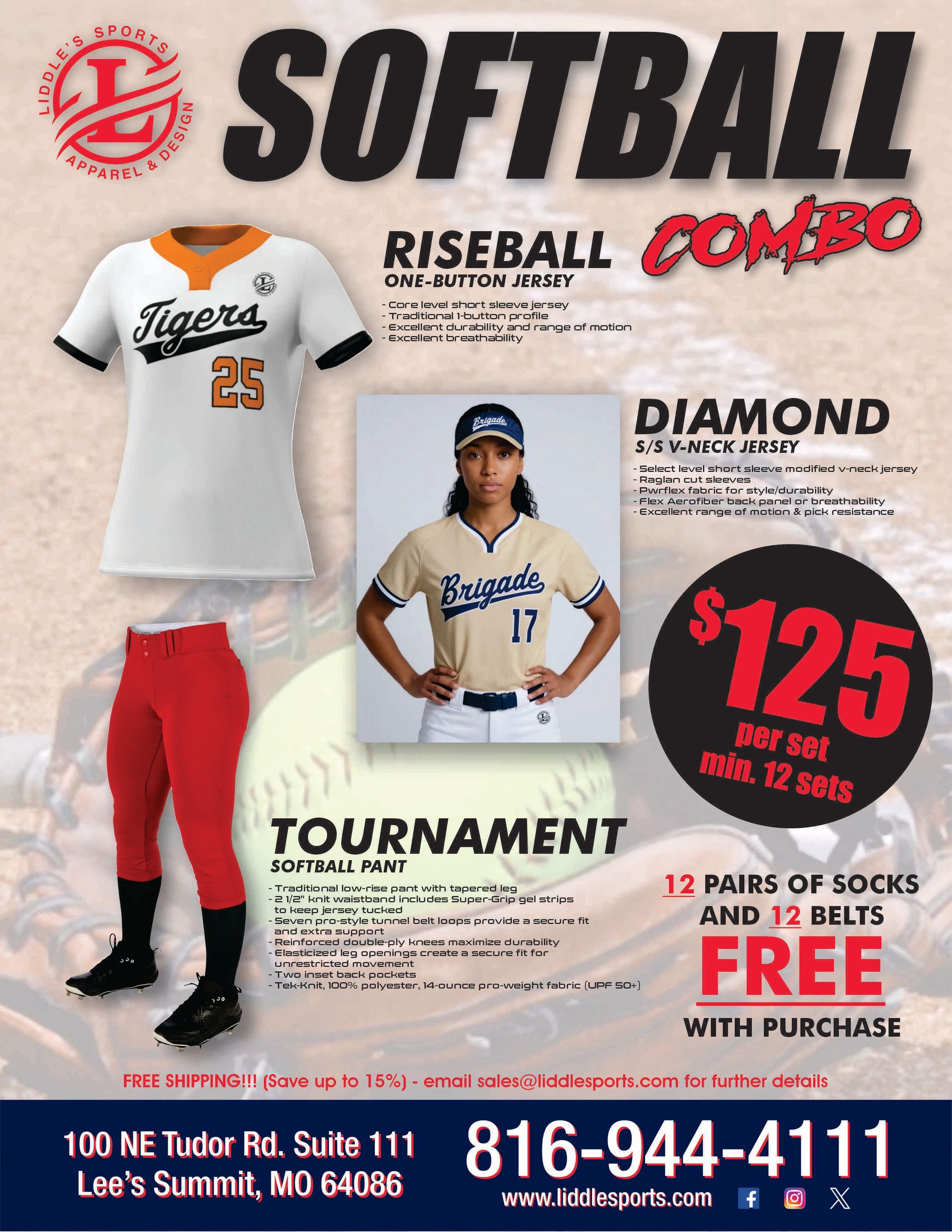 Softball and riseball combo camp flyer with uniforms, player photos, $125 price, and phone number 816-944-4111