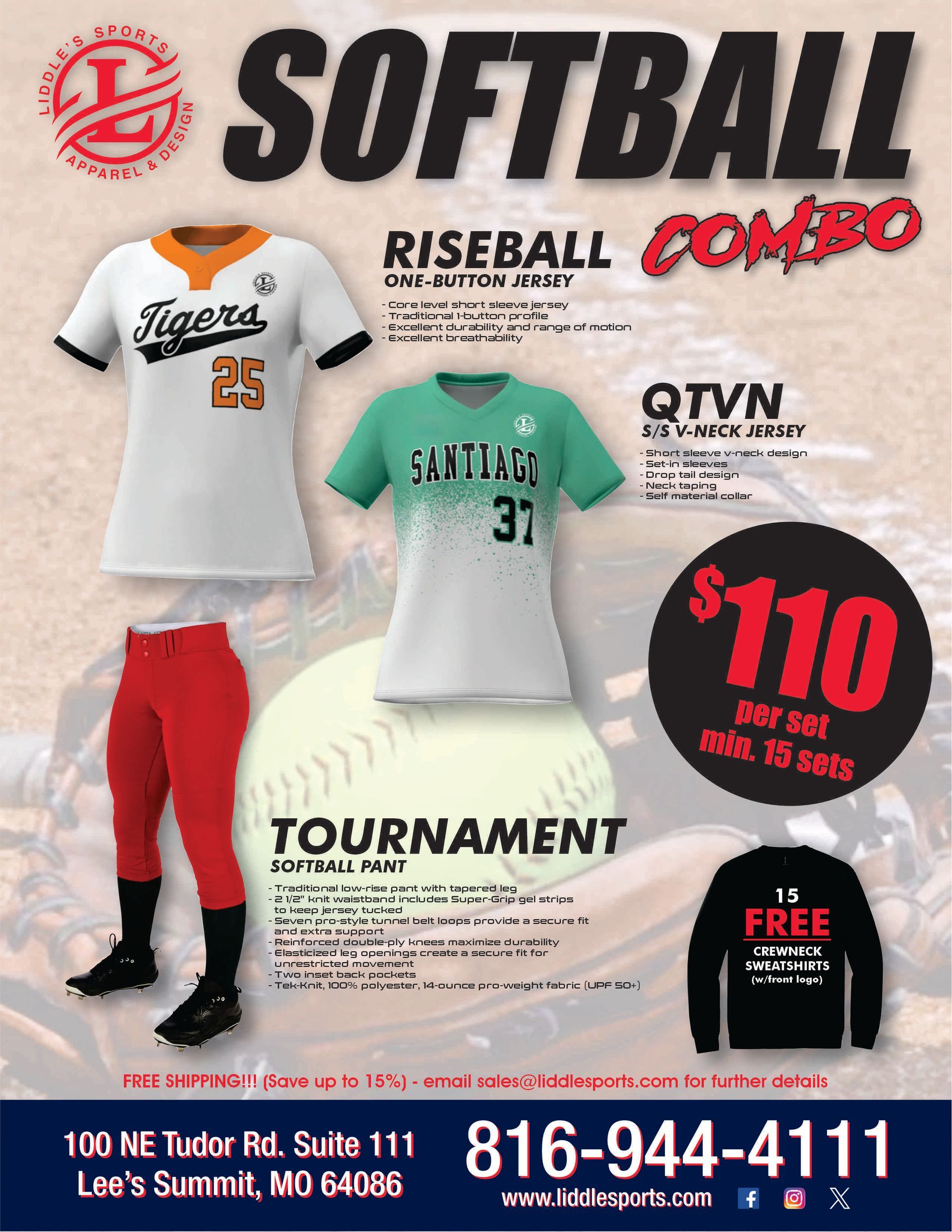Softball riseball combo apparel ad with jerseys, pants, price tag, and contact info