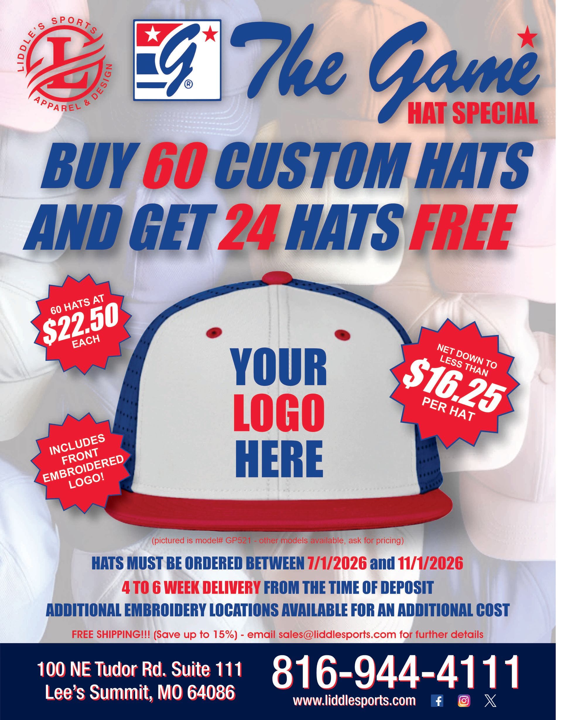 Hat special ad: buy 60 custom hats and get 24 free, with logo placement and contact info.
