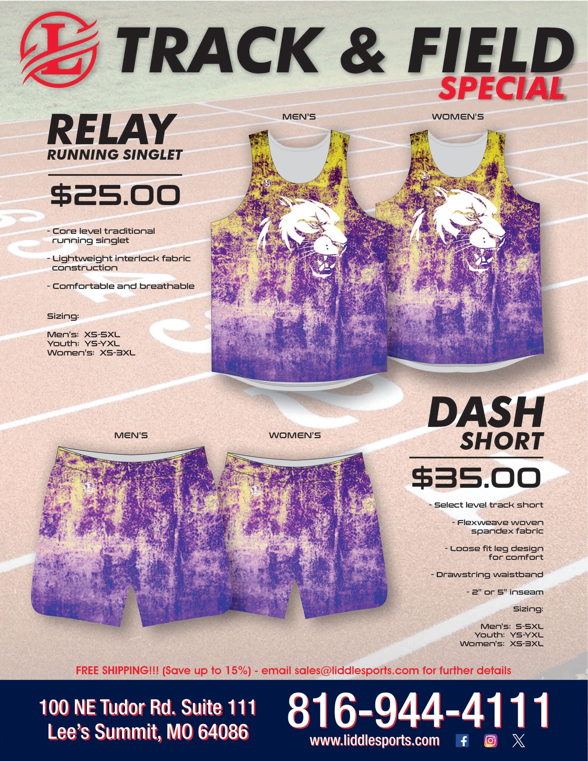Track & Field Special ad showing purple-and-gold relay and dash shorts and singlets with prices.