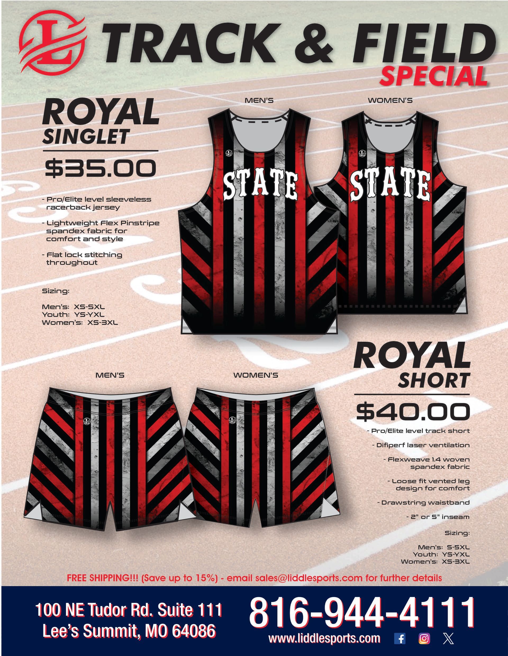 Track & Field Special ad for red-and-black STATE singlets and shorts with prices and phone number