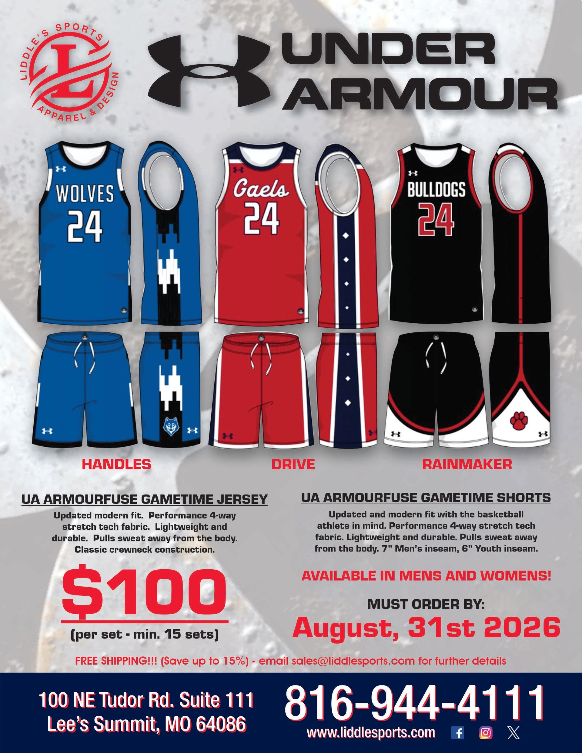 Under Armour basketball uniform sale flyer with blue, red, and black jerseys, $100 price, and Aug. 31, 2026 deadline