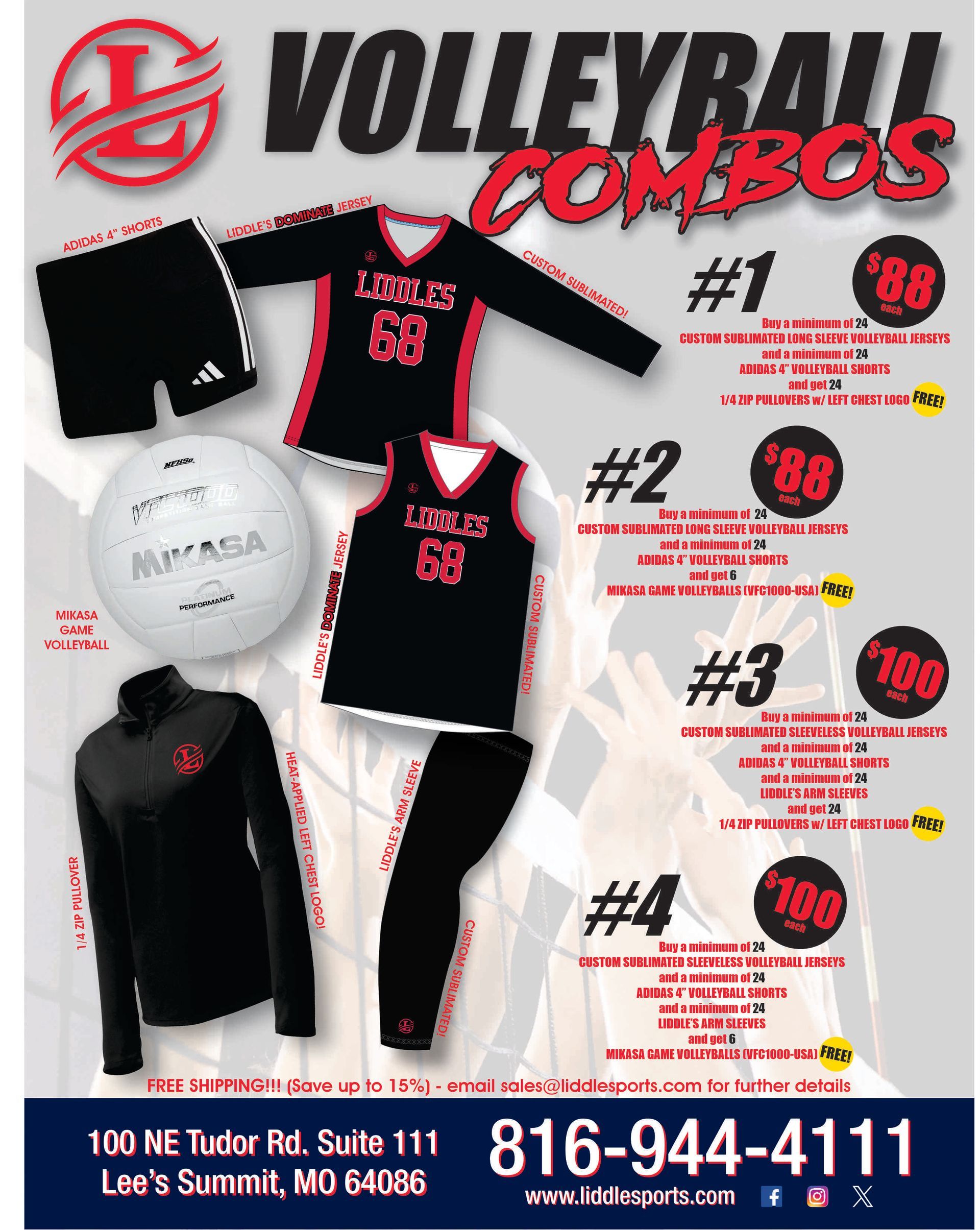 Volleyball gear ad with black and red uniforms, ball, knee pads, and contact information