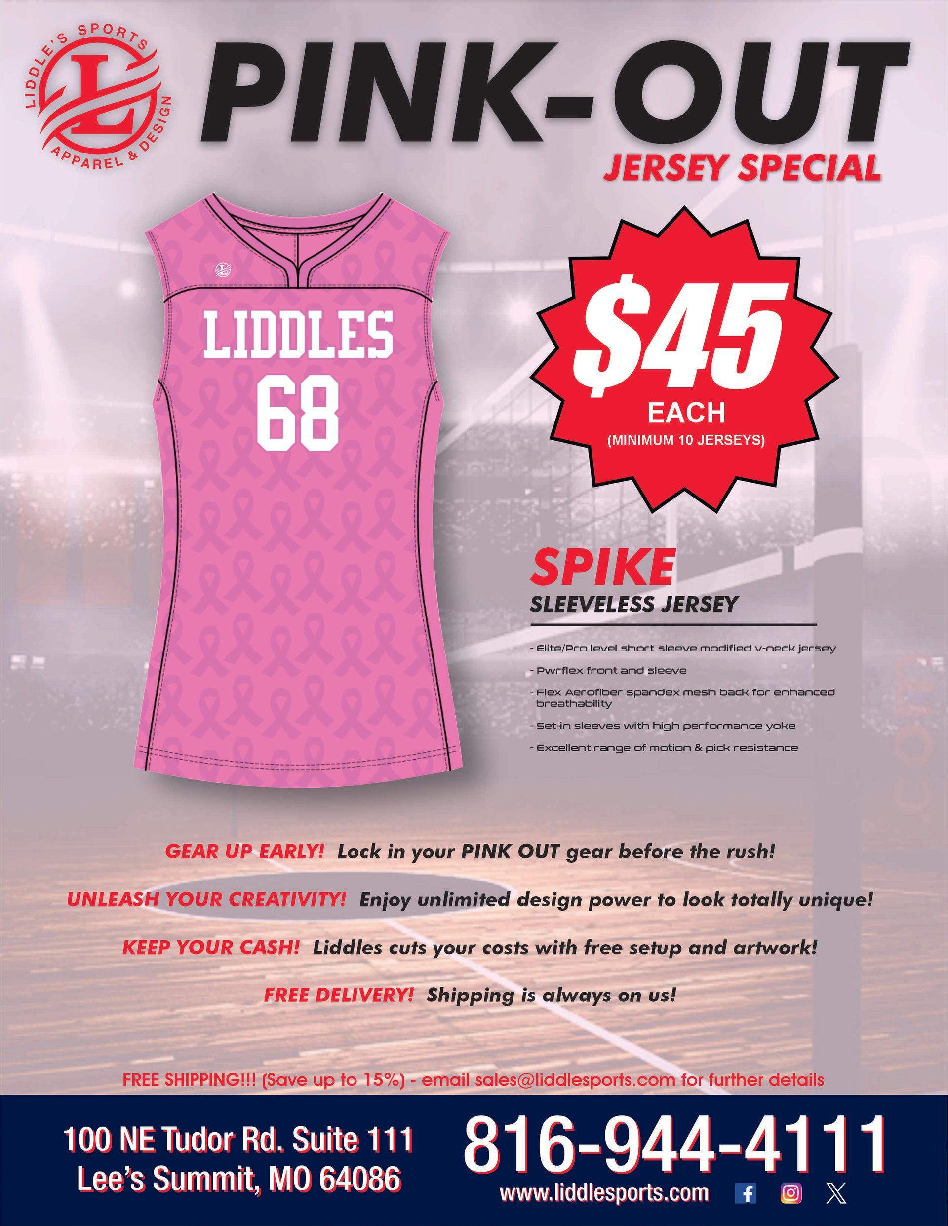 Pink-out jersey special poster for 10 sleeveless jerseys, $45 each