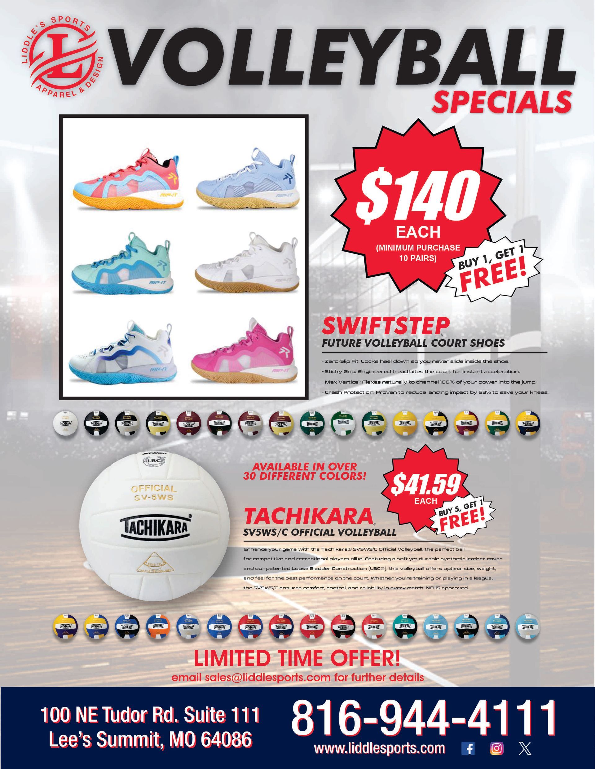Volleyball specials ad with shoes for $140 and volleyballs for $41.59