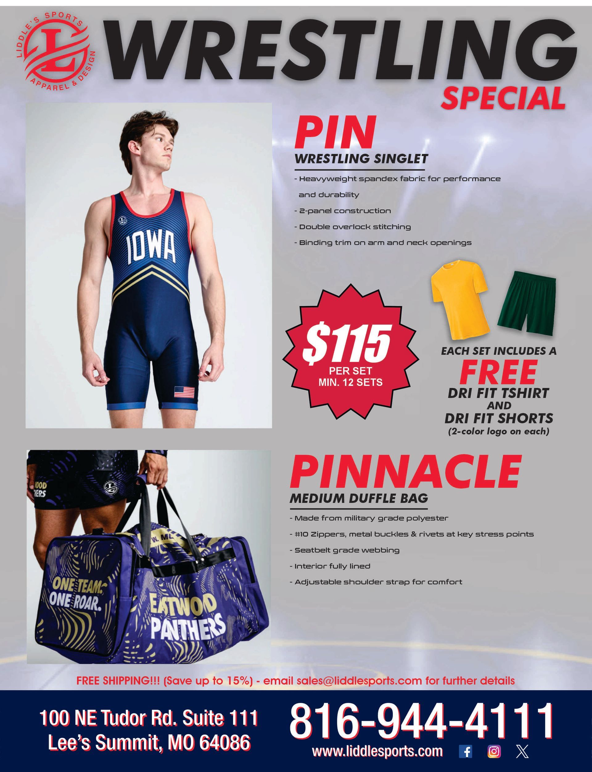 Wrestling special ad featuring singlets, duffel bag, red $115 sale burst, and phone number 816-944-4111