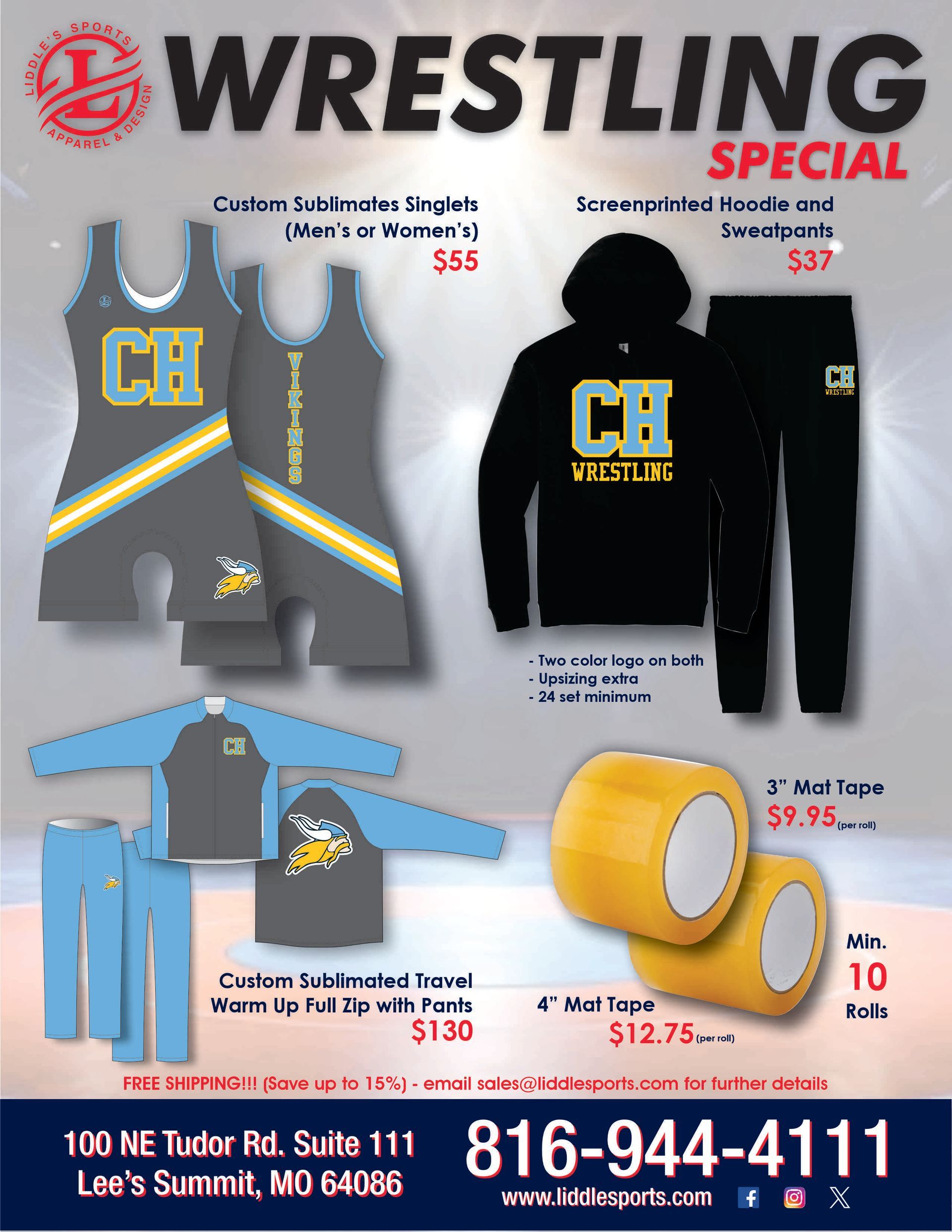 Wrestling apparel ad with singlets, hoodie, joggers, tape, and phone number on a black background
