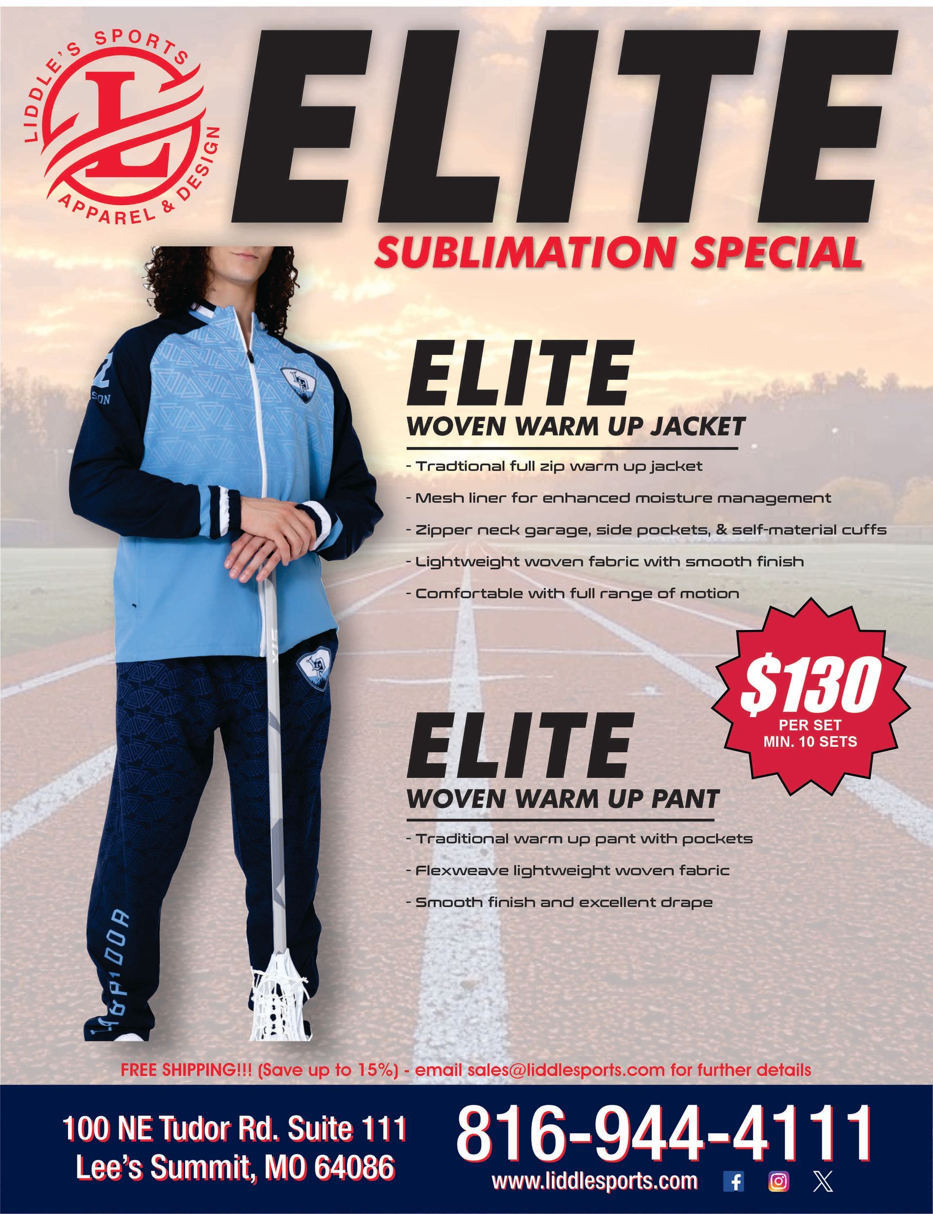 Elite sublimation special flyer showing a model in a blue and black warm-up jacket and pants, $130 price tag