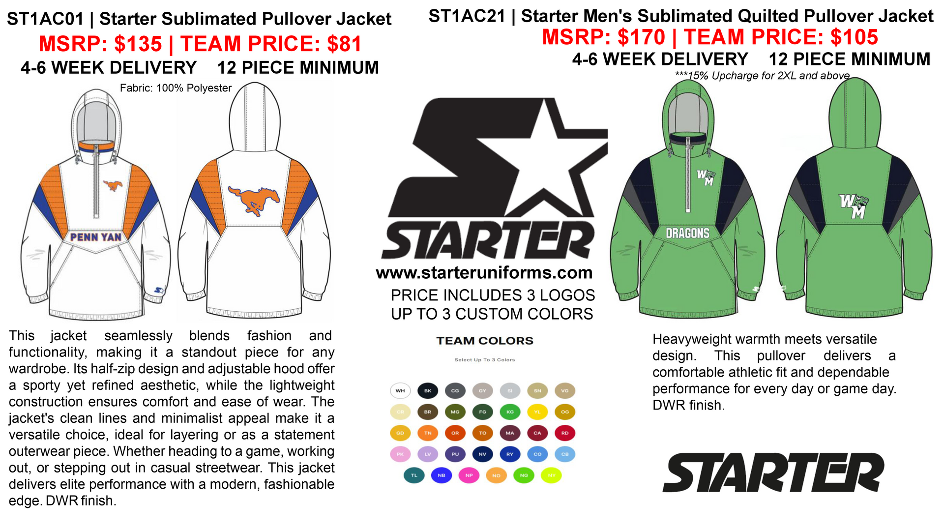 Two Starter jackets, one white, the other green, with team pricing and color options.