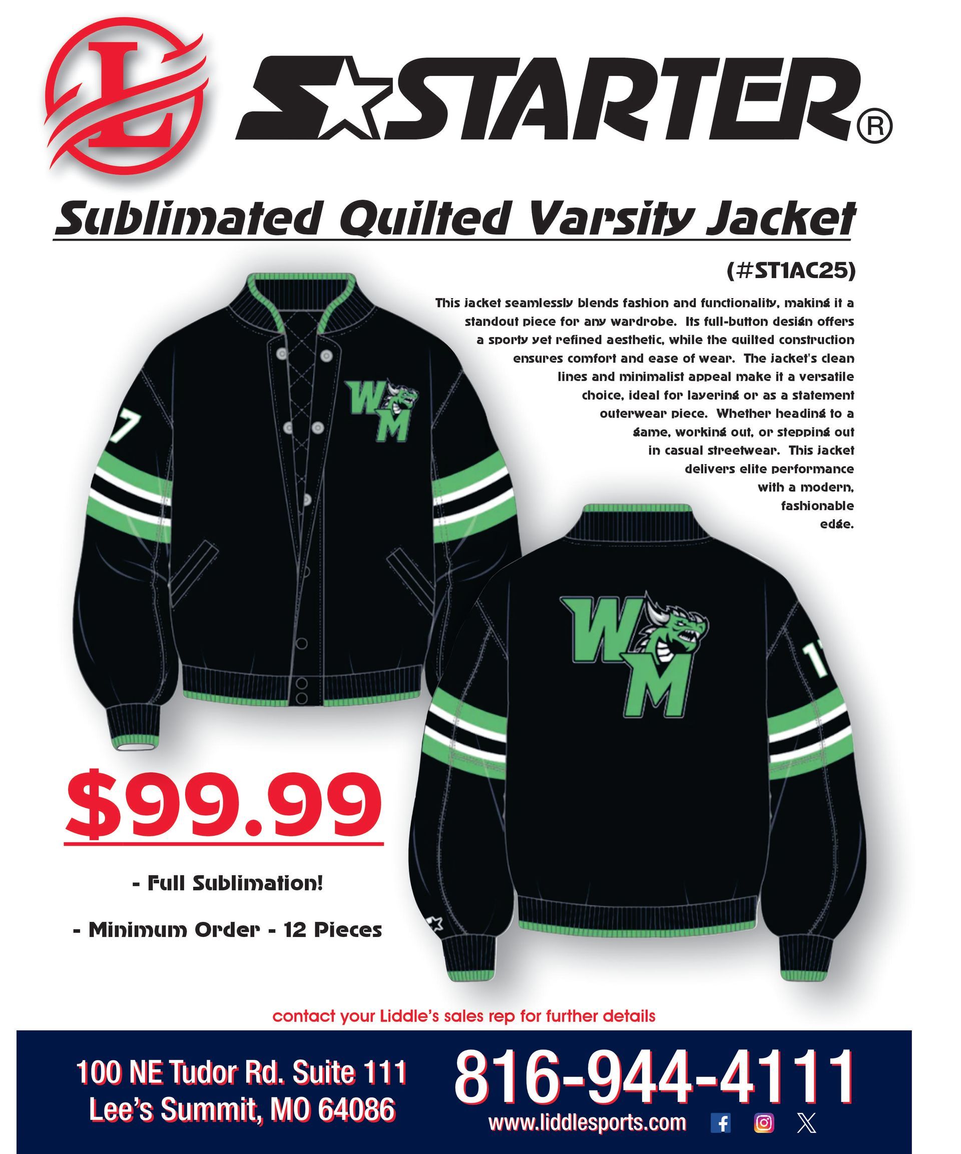 Starter varsity jacket ad, black quilted jacket with green and white stripes, $99.99.