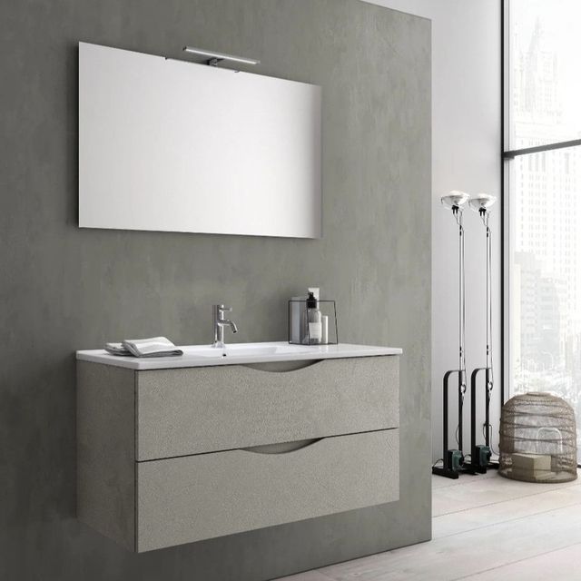 Mobiletto moderno per il bagno, grigio, con specchio, due cassetti e piano d'appoggio bianco.