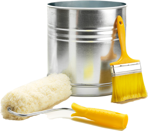 A bucket of paint next to a paint roller and brush A bucket of paint next to a paint roller and brush
