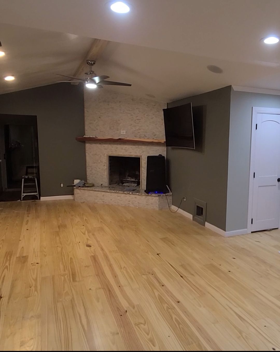 A living room with hardwood floors and a fireplace.