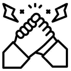 Two hands clasped in a handshake, outlined in black with celebratory marks above.