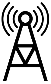 Black radio tower icon with signal waves radiating from the top.