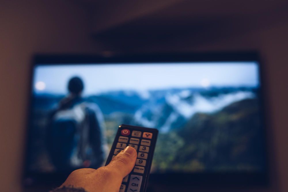 Uma pessoa está segurando um controle remoto em frente a uma televisão.-go-organic-club