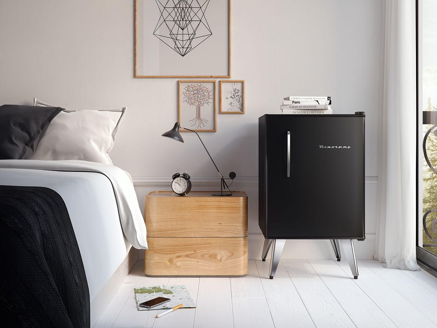 Uma pequena geladeira está em uma sala ao lado de uma janela.-go-organic-club