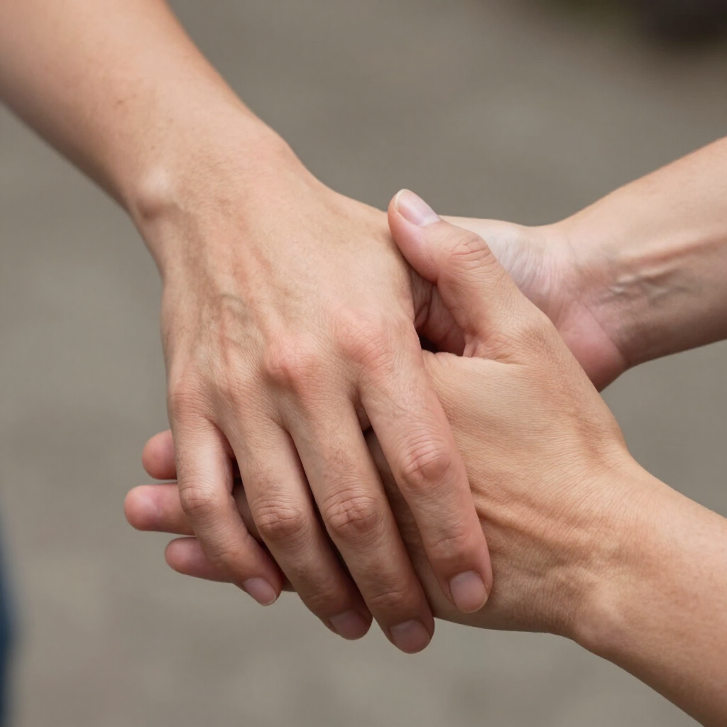 Two hands clasped in a supportive handshake against a blurred background