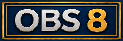 OBS 8 logo in silver and gold on a dark blue plaque