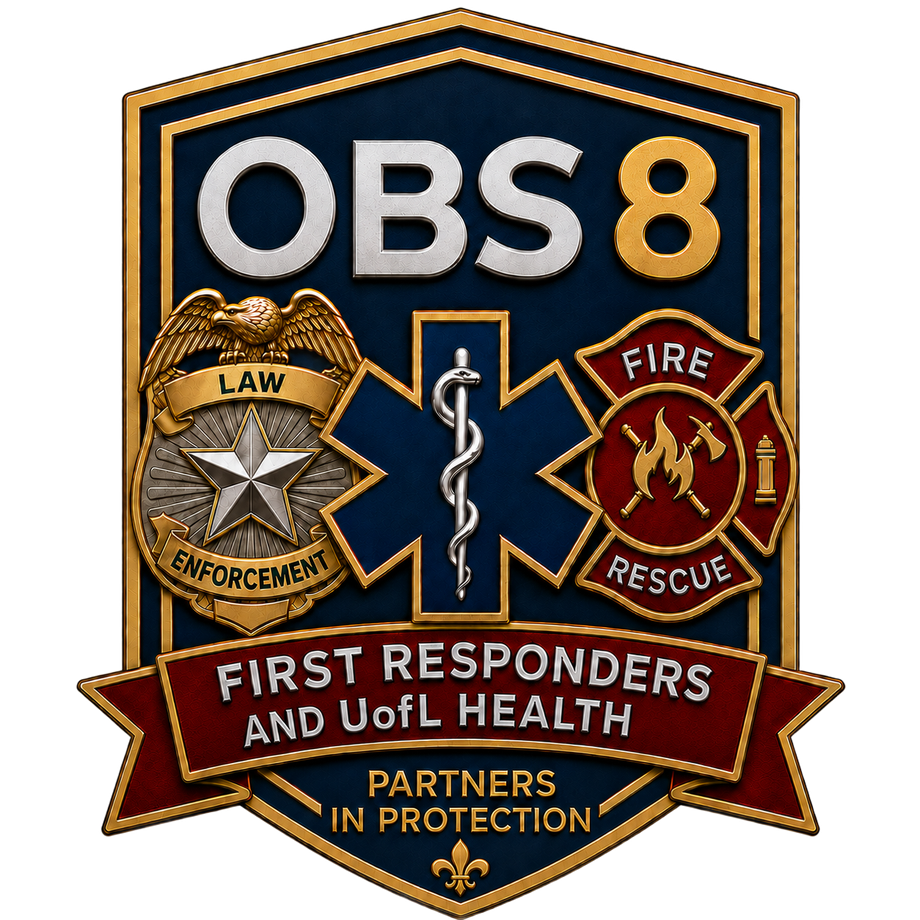 OBS 8 First Responders badge with law enforcement and fire rescue emblems, blue and gold with red banner