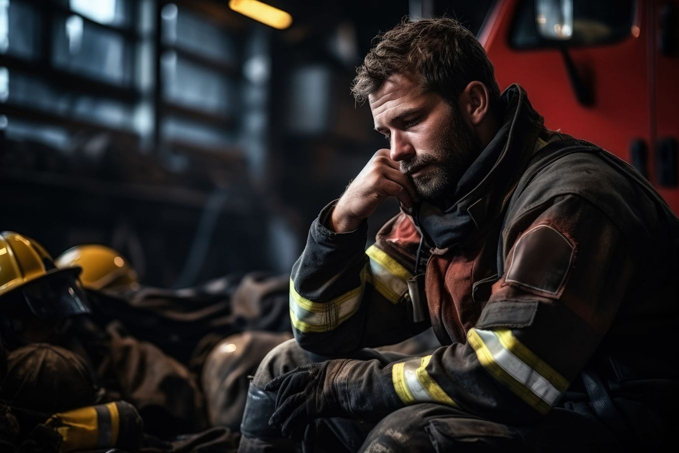 Firefighter in reflective gear sitting beside a fire truck, looking pensive in a dim garage.