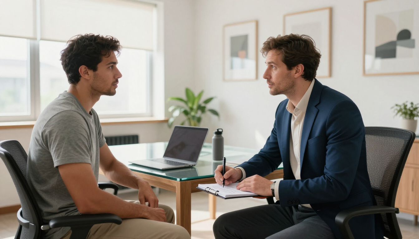 Two professionals in conversation discussing performance mindset resilience communication and strategies.