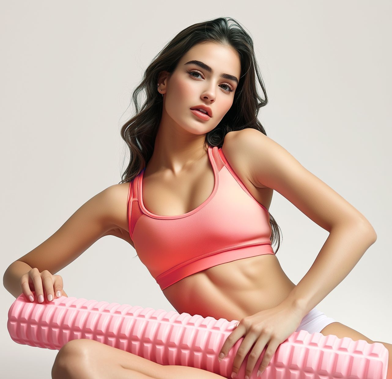Woman in a coral sports bra posing with a pink foam roller on a light background