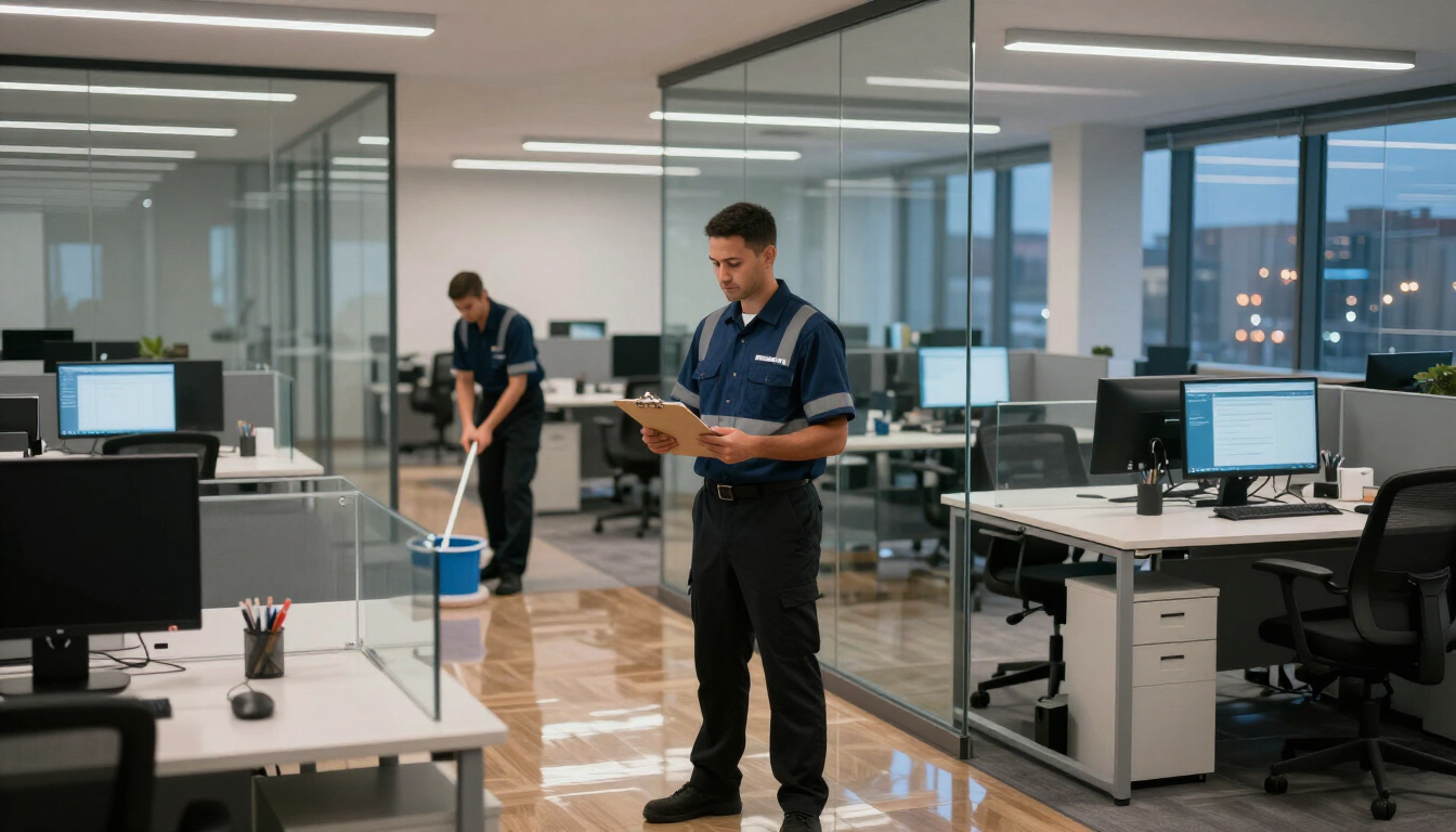 Modern office with two workers cleaning desks and floors among rows of computers and monitors.