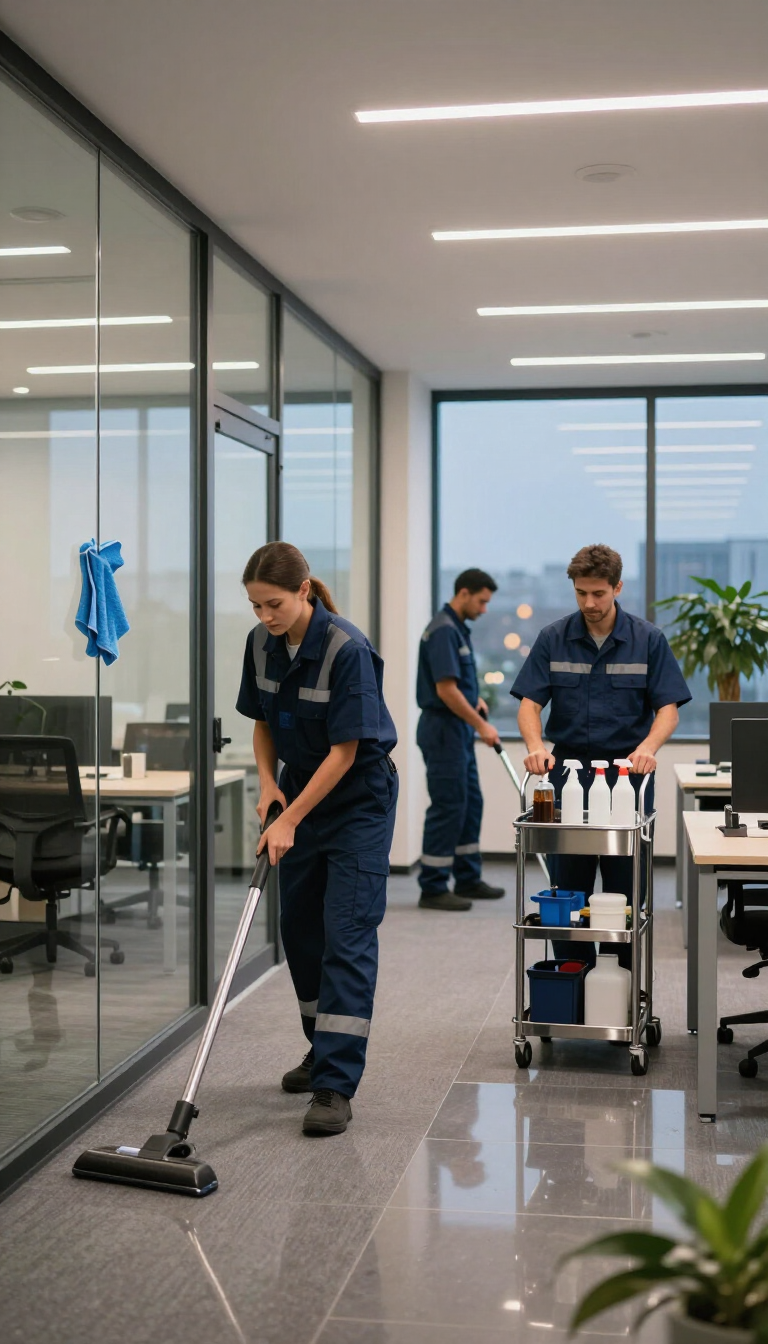 Office cleaners mopping a glossy floor in a modern glass-walled workspace